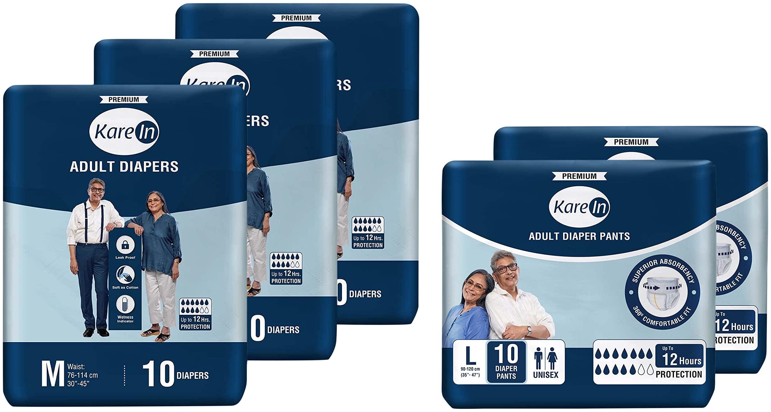 KareIn Kare In Premium Adult Diapers, Medium, 30 Count & Kare In Premium Adult Diaper Pants, Large - 20 Count