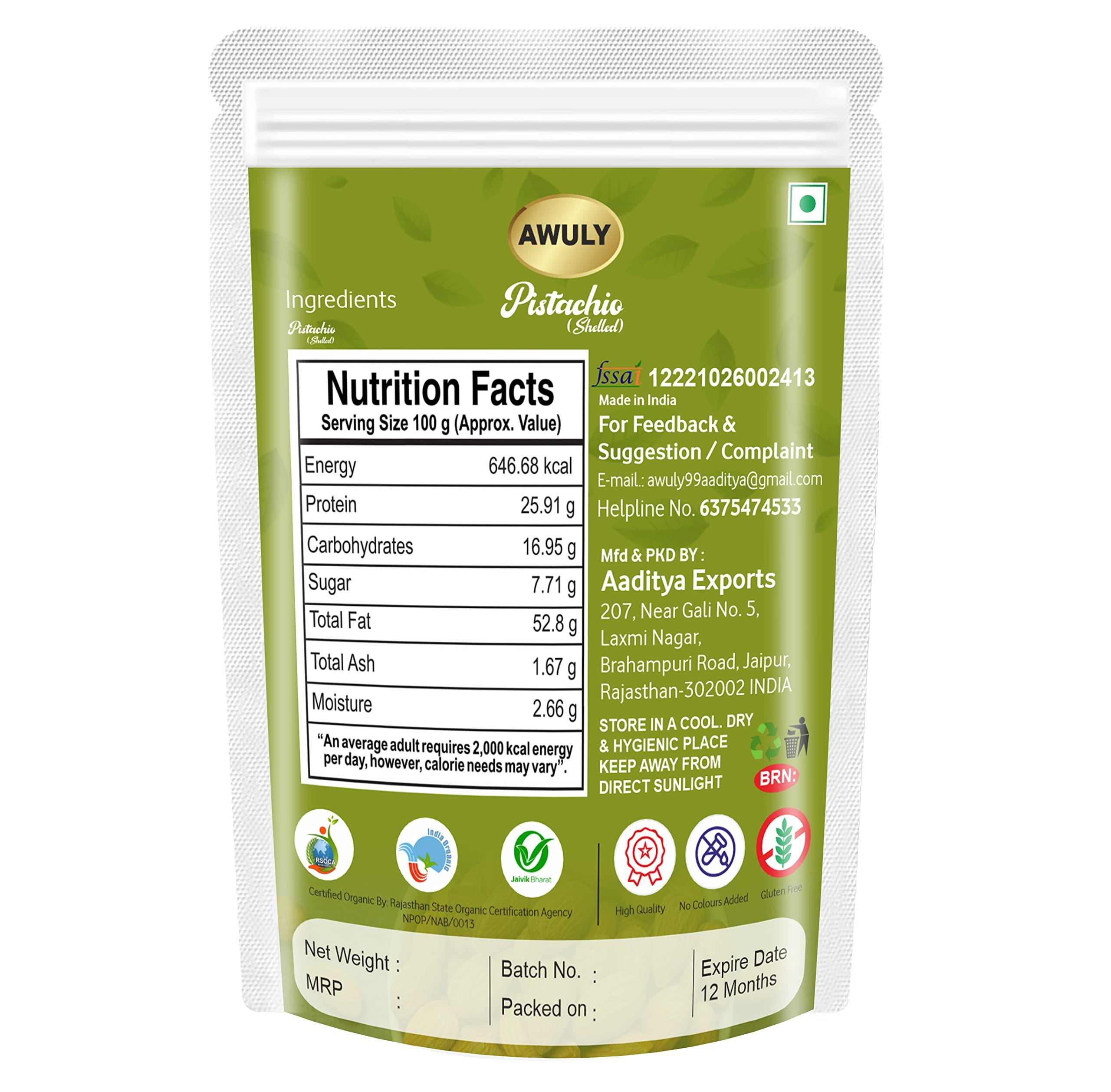 AWULY AWULY Whole Raw Organic Pistachios with Shell |100% Pure and Organic Pista Dry Fruit and Nuts | Gluten Free | Rich in Proteins, Nutrients | Fresh and Healthy Dry Fruits Shelled Pistachios (100gms)