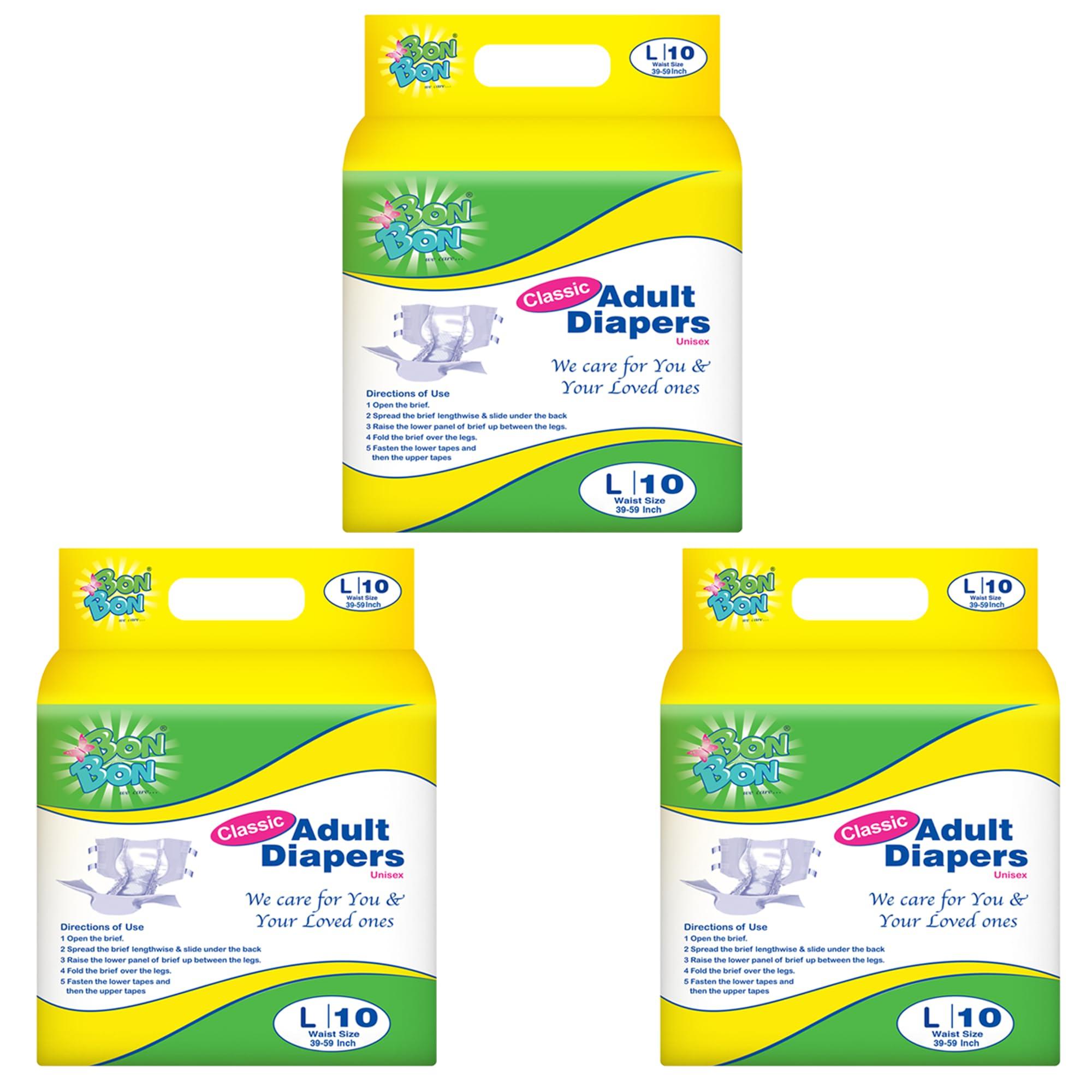 BON BON Bonbon Classic Adult Diaper Tape Style Large (PACK OF 3) - 30 Count - L - Ultra Leak-Guard with Anti Bacterial Layer and Multiple Tape Fastners - Waist Size 39-59 Inch, 99-149 cm