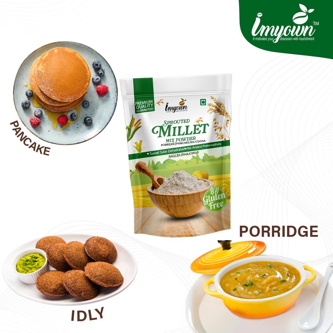 IMYOWN IMYOWN MULTI MILLET SPROUTED POWDER|SPROUTED MILET FLOUR|FINGER MILLET|PEARL MILLET|SORGHUM MILLET|SOAKED SPROUTED AND DEHYDRTED IN TUNNEL SOLAR DRYER |RICH IN FIBRE LOW IN FAT|I PACK 900 GM