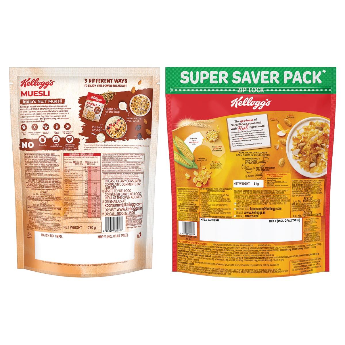 Kellogg's Kellogg\'s Combo, Corn Flakes Real Almond And Honey, 1 Kg And Kellogg\'S Muesli With 20% Nuts Delight Pouch, 750 G