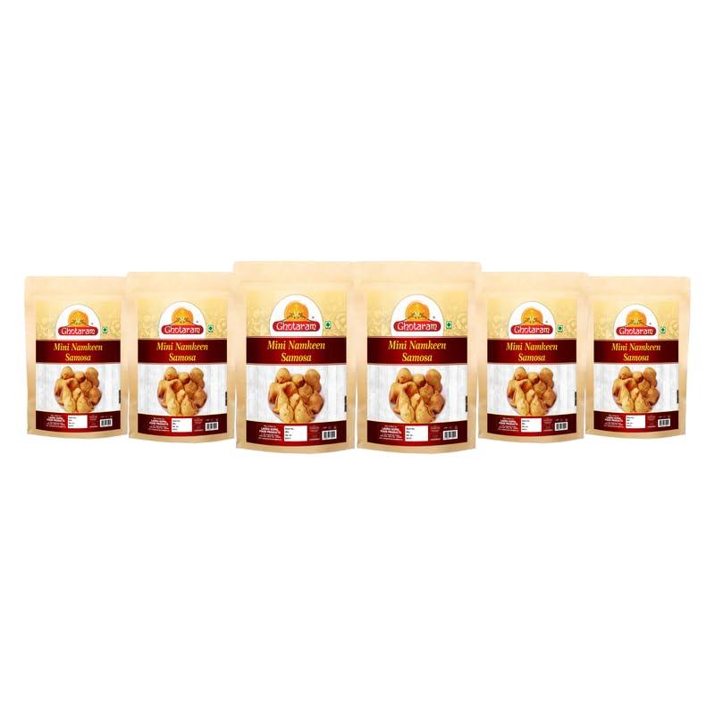 GHOTARAM Ghotaram Ready to Eat Snack Mini Samosa Indian Namkeen Nashta | Dal Samosa Baked Roasted Moong Mung Dal Samosa Triangle | Mini Samosa for Evening Tea Time Snack Fry in Peanut oil-1Kg*6Pack