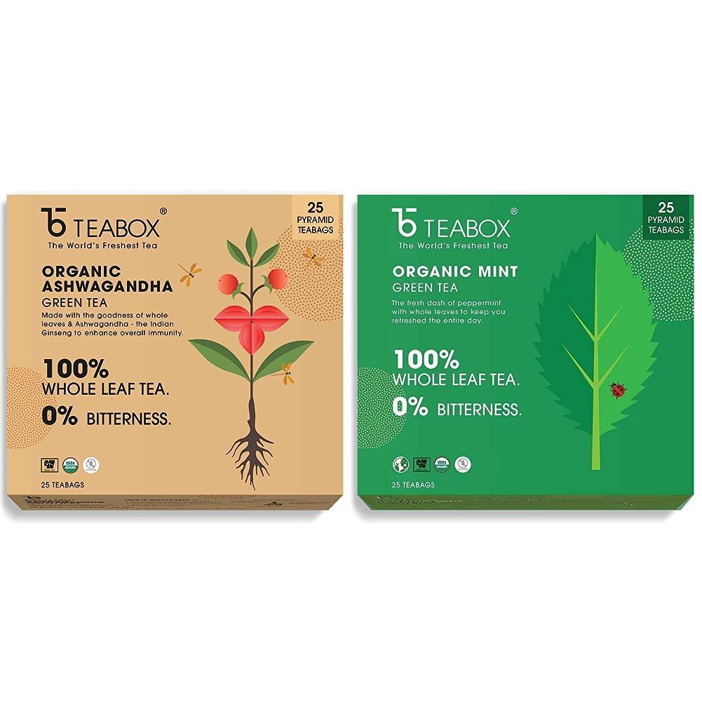 Teabox Teabox Organic Ashwagandha Green Tea 25 Teabags & Teabox Organic Green Mint Tea 25 Teabags