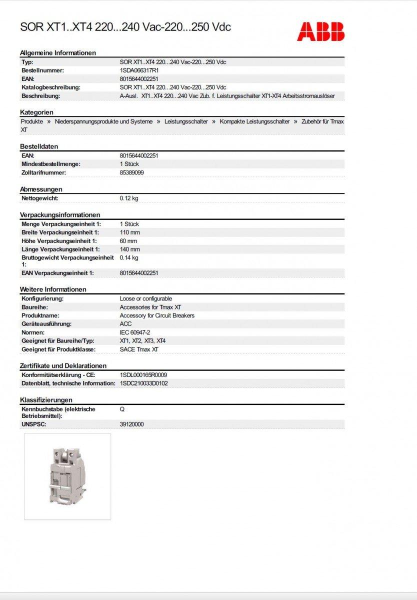 ABB ABB SOR XT1..XT4 220 240 Vac-220 250 Vdc - 1SDA066317R1