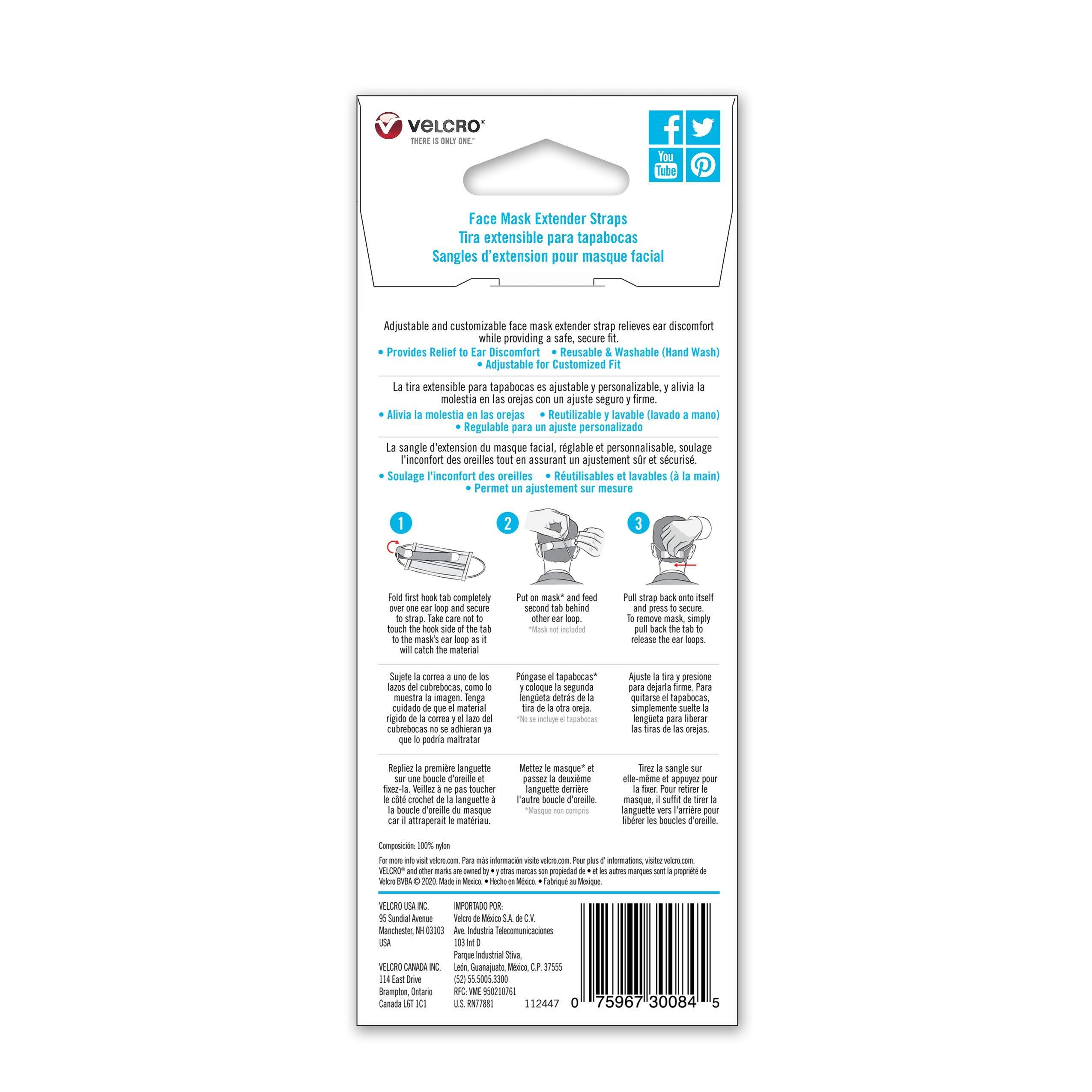 Velcro VELCRO Brand Face Mask Extender Straps 4pk Black, 12 x 1 Comfortable and Adjustable Ear Savers, VEL-30084-USA