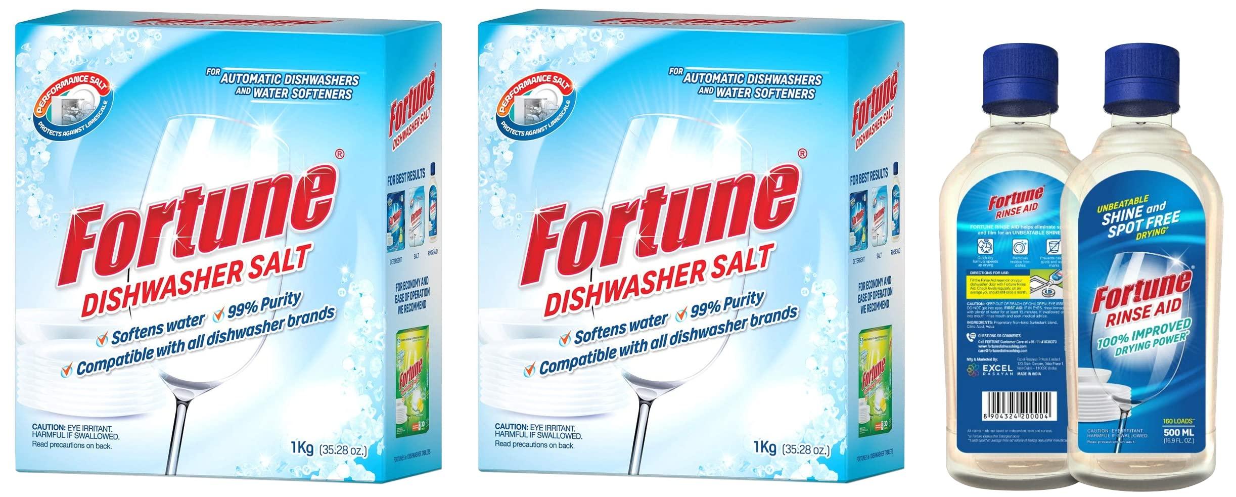 Fortune Fortune Dishwasher Active Salt Powder- 1 kg (Pack of 2) & Rinse Aid Regular Combo Pack - 500 ml (Pack of 6)