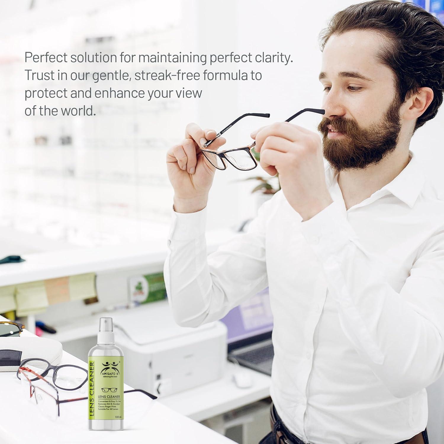 AM SAFE-X delivering the best AM SAFE-X Lens Cleaner for Spectacles, Eyeglasses, Sunglasses, Camera Lenses and Binoculars, 100 ml Pack 1