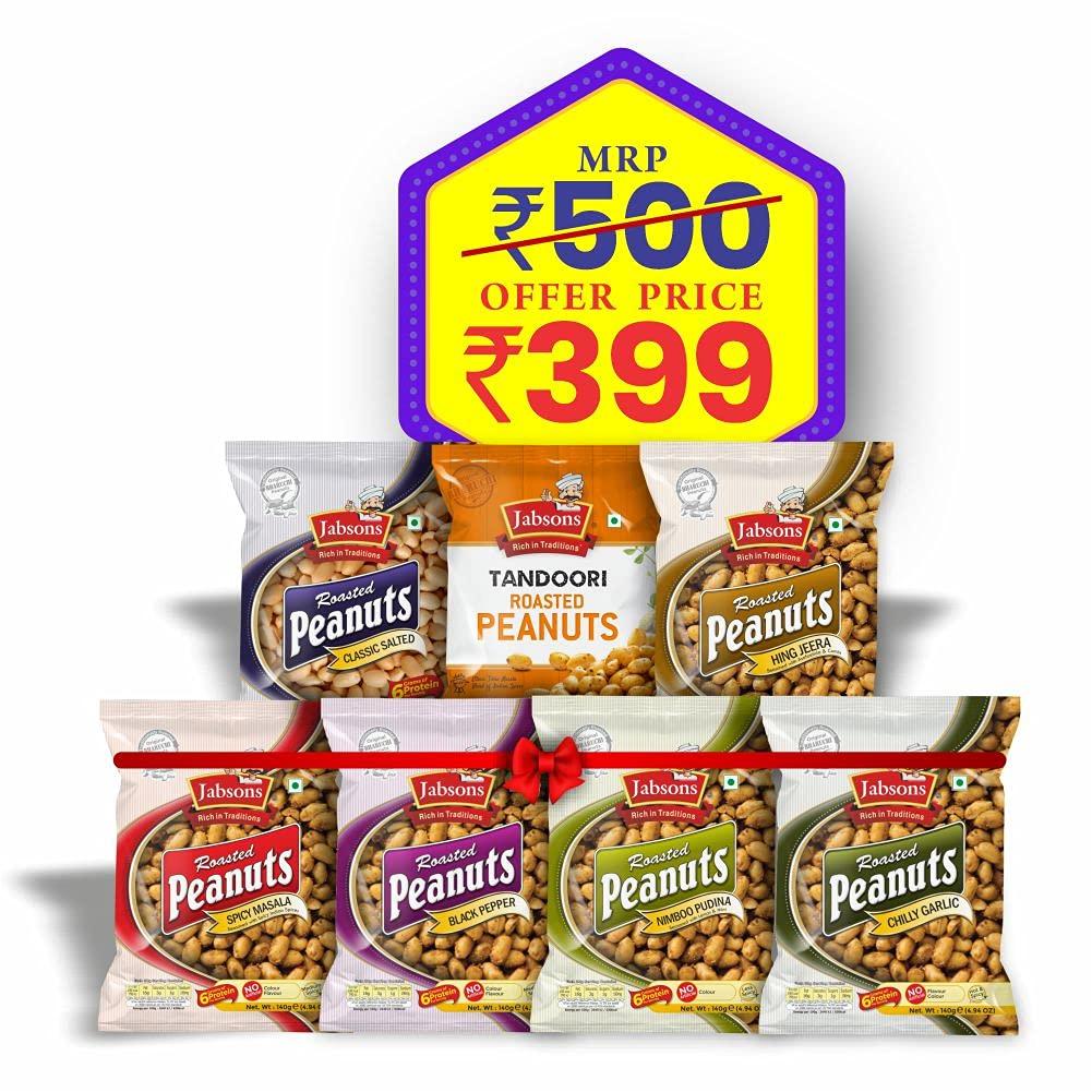 Jabsons Jabsons Roasted Peanut Different Flavours - Pack Of 7 | Gluten free| Healthy Ready to Eat Snacks |Jumbo Bharuchi Flavoured Peanuts | Moongphali Dana |Roasted Peanut Sing