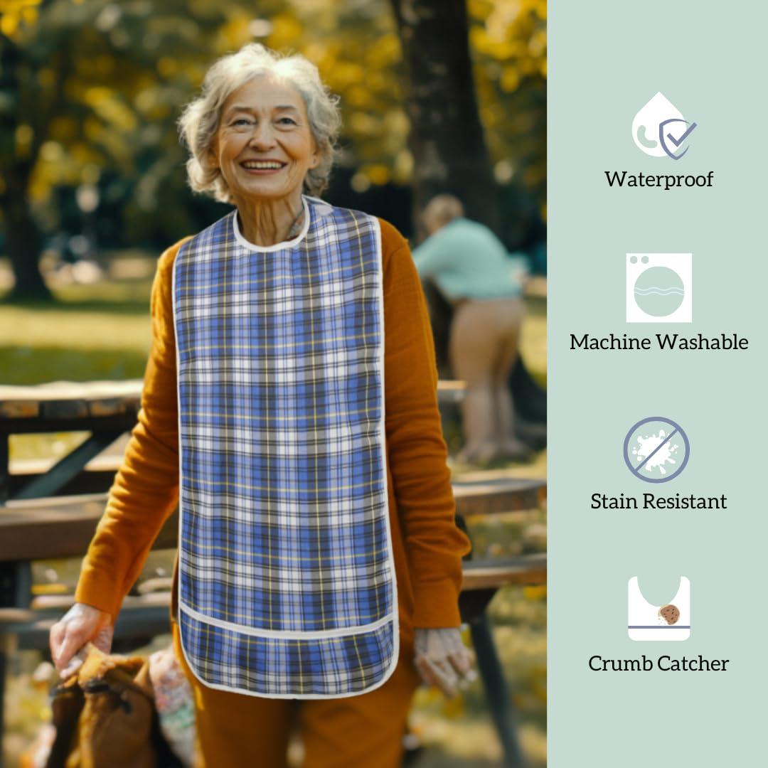 Modaliv Adult Bib - Reusable Clothing Protector - Waterproof - Crumb Catcher - Machine Washable - Velcro Closure - Extra Long Senior Men and Women Bibs for Eating by Modaliv (Blue)