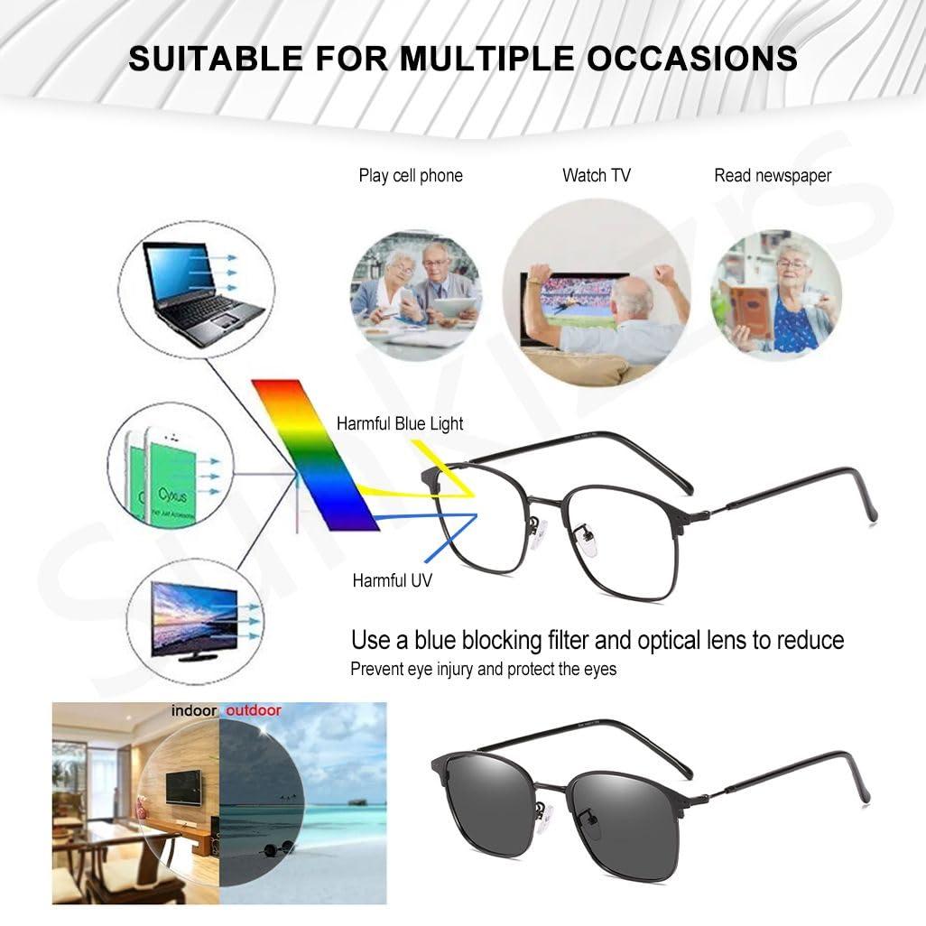 Sunkizzrs Sunkizzrs Blue Light Filter Reading Glasses Myopia Glasses Presbyopic Glasses Sunglasses Anti Glare UV & Blue Ray Light Filter Photochromic Lens (For -3.00 to +3.00 Power) (Black, -1.00)