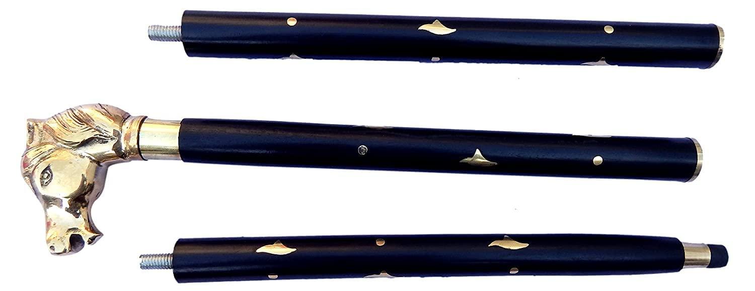 AHSKY AHSKY Clock Handicraft Brass Horse Handle Wooden Walking Handcrafted Walking Cane 3 Folding 36 Inches