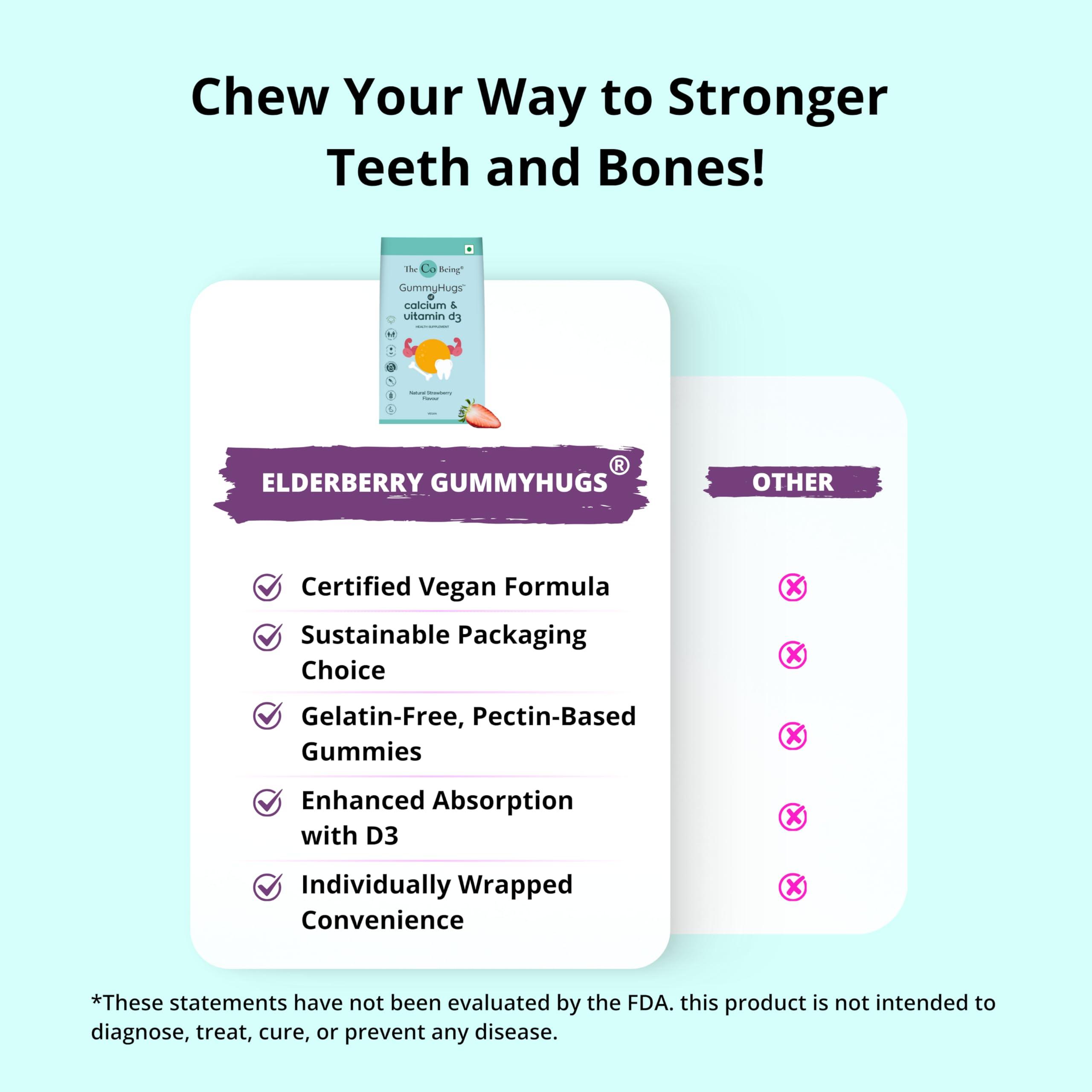 THE CO BEING The Co Beings Calcium Gummies with Vitamin D3 for Men, Women, and Kids, Vitamin D Supplement for Stronger Bones, Joints, and Teeth Health, Dairy Free, Vegan, 30 Day Supply, Natural Strawberry Flavour