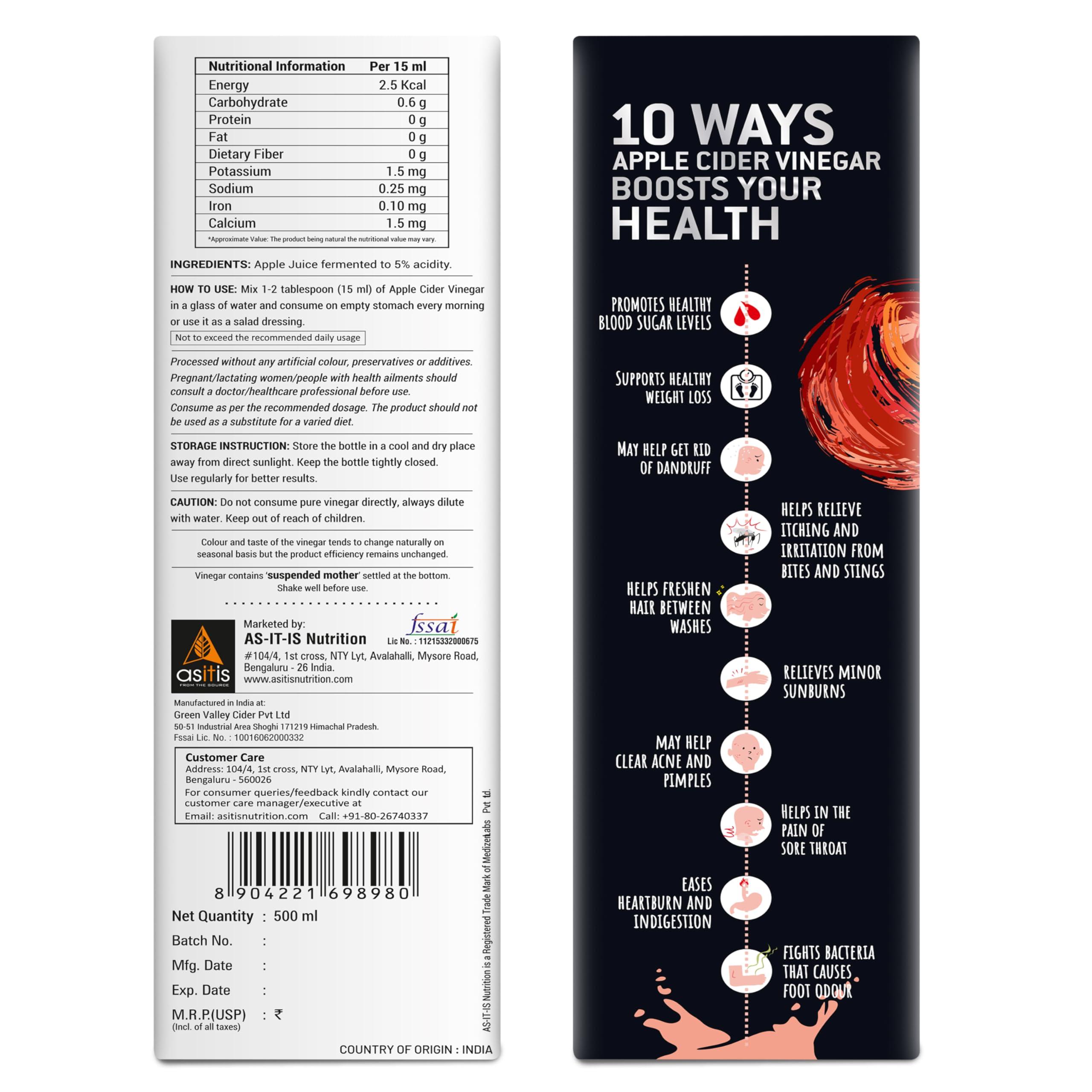 Asitis Nutrition AS-IT-IS Nutrition Raw Apple Cider Vinegar with Mother 500ml- Undiluted & Unfiltered