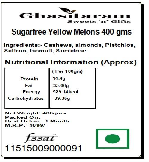 Ghasitaram Gifts Ghasitaram Gifts Sugar Free Sweets - Yellow Melons 400 GMS |Gift for Diwali,Holi,Rakhi,Valentine,Christmas,Birthday,Anniversary,Gift for Her,Him,Mothers Day,Fathers Day|