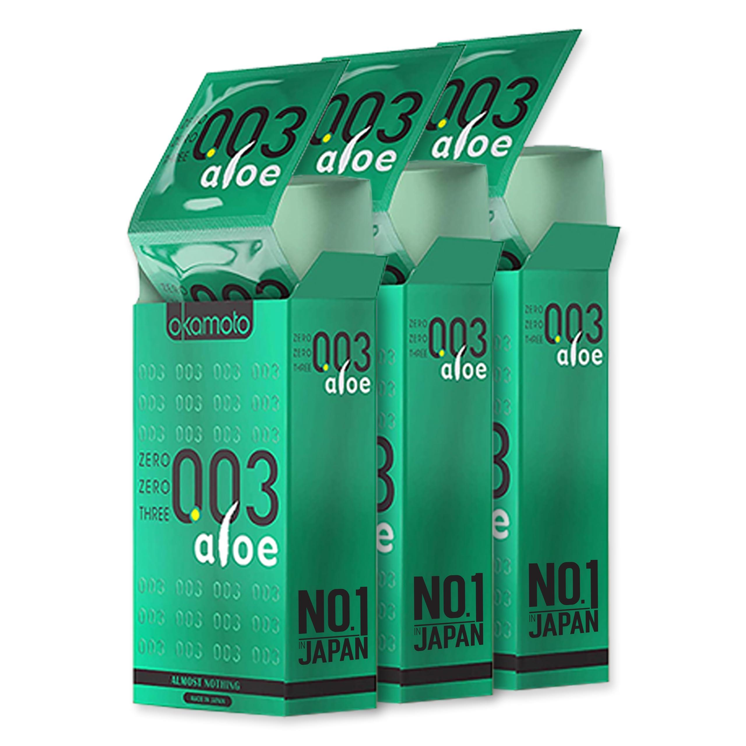 OKAMOTO Okamoto 003 Japans Best Aloe Condoms | Only Natural Water Based Lube Condom in India |Thinnest Premium Condoms for Men - Made In Japan | 0.03 mm thin Extra Lubricated (Pack of 3) | 30s Condoms