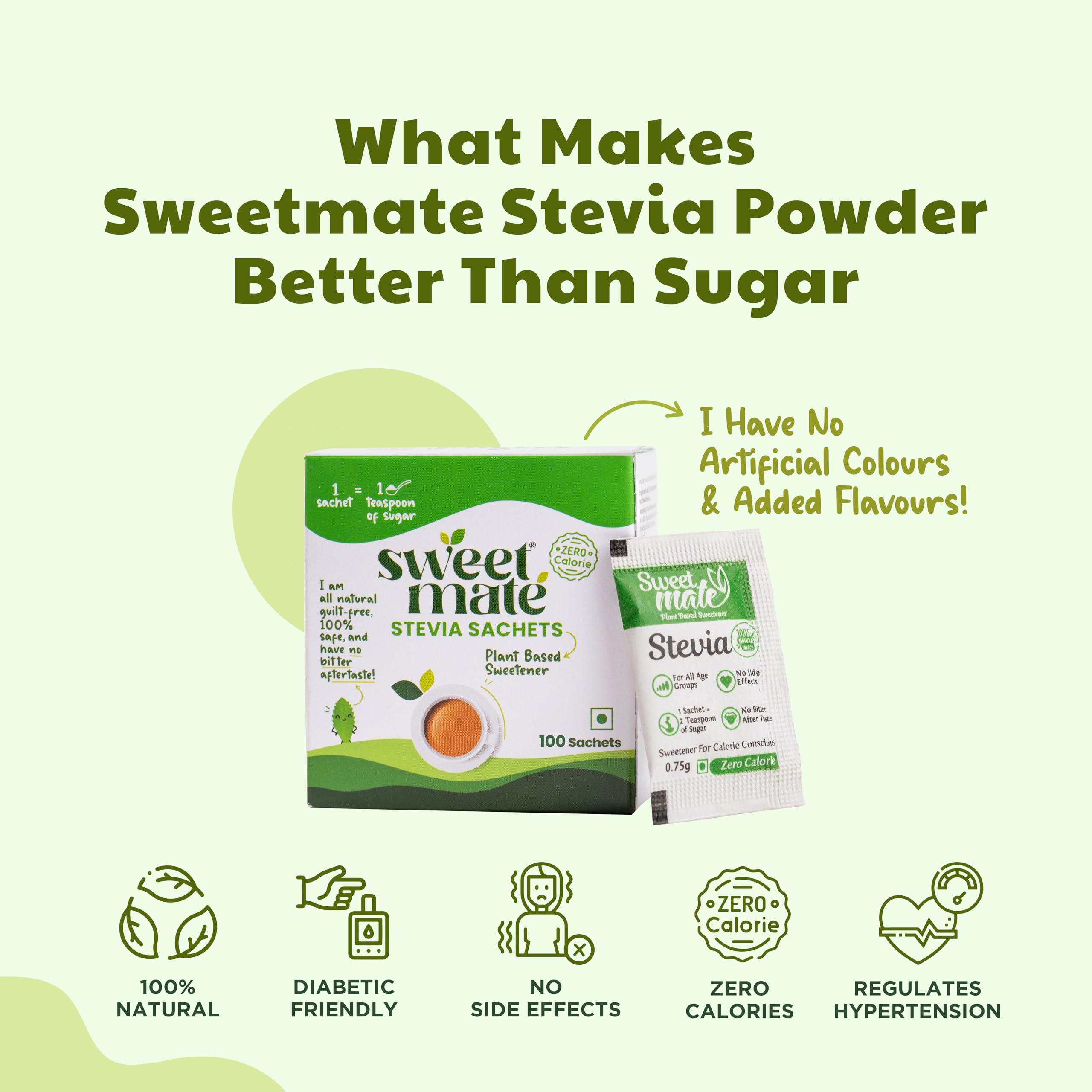Sweetmate Sweetmate Stevia Sachets (100 Sachet x Pack 4) - 400 Servings | 100% Sugar Free, Natural, Diabetic Friendly | Plant-Based Natural Sweetener Powder, Zero Calories | Vegan & Keto Friendly Stevia Powder