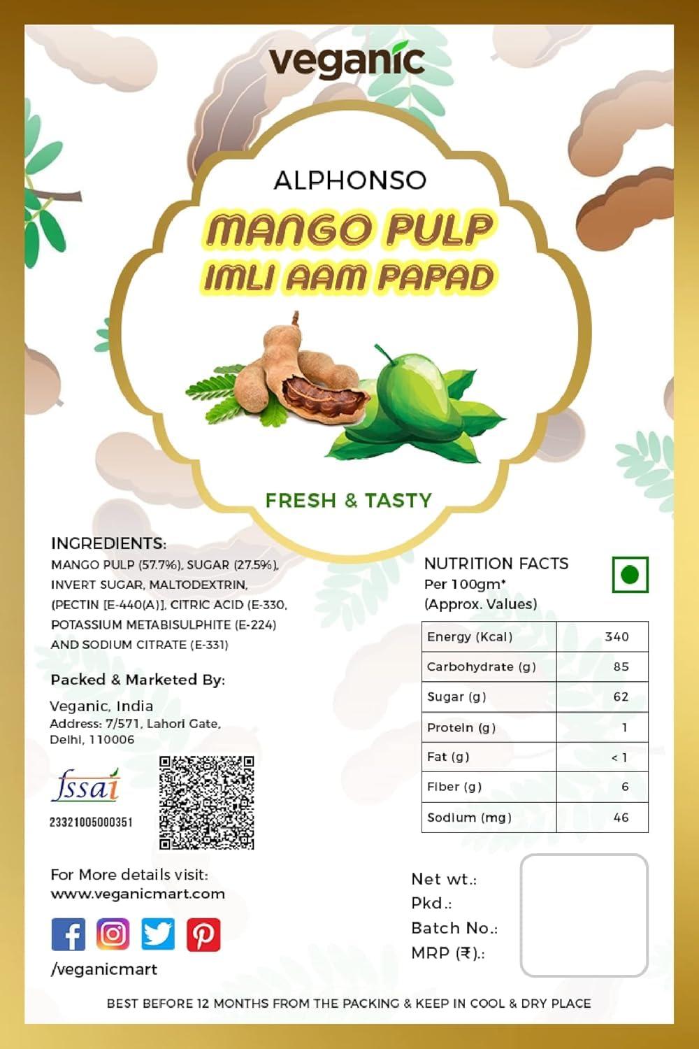 Veganic Veganic Imli Aam Papad - 400GM | Premium Aamsotto | Dried Khatta Mango Cubes Toffee Tamarind Jelly Candy Black Colour Tasty Fruit Bar Mango Candy