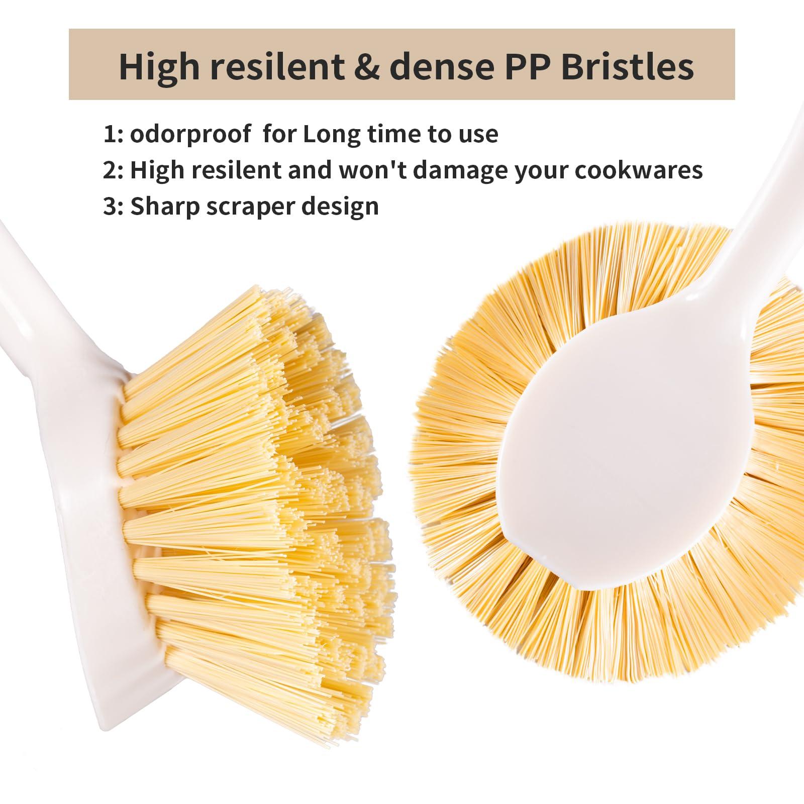 TEZZ 2 Pack Kitchen Dish Brushes with Bamboo Handle, Dish Scrubber Built-in Scraper, Scrub Brush for Pans, Pots, Counter & Kitchen Sink Cleaning, Dishwashing and Cleaning, Perfect Cleaning Tools, White