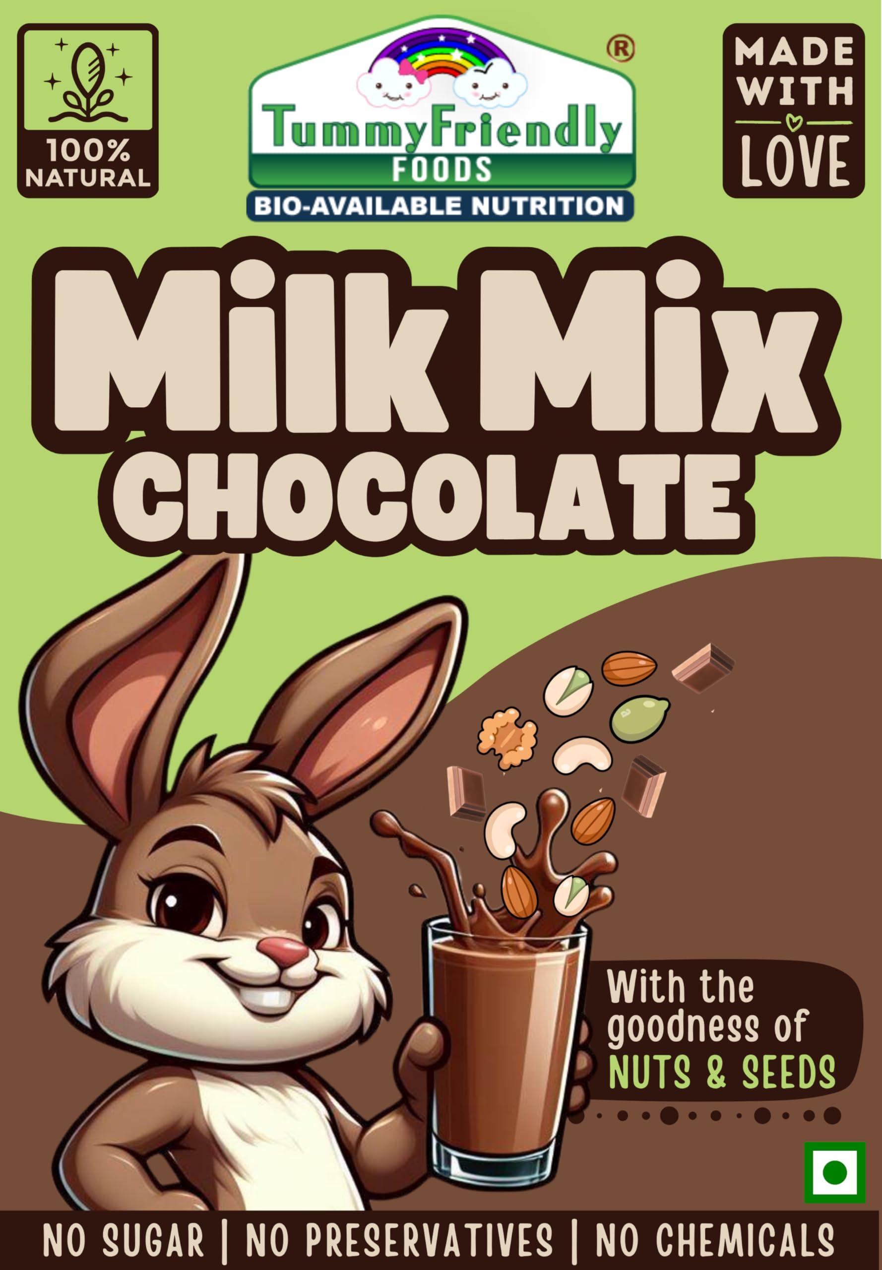 TUMMY FRIENDLY Tummy Friendly Chocolate Milk Mix for kids. Nuts,Seeds, Jaggery + Ccocoa powder, healthy milk mix for toddlers, 1 year, 2 year old baby and elder kids. kids chocolate milk powder mix - 200g Pack