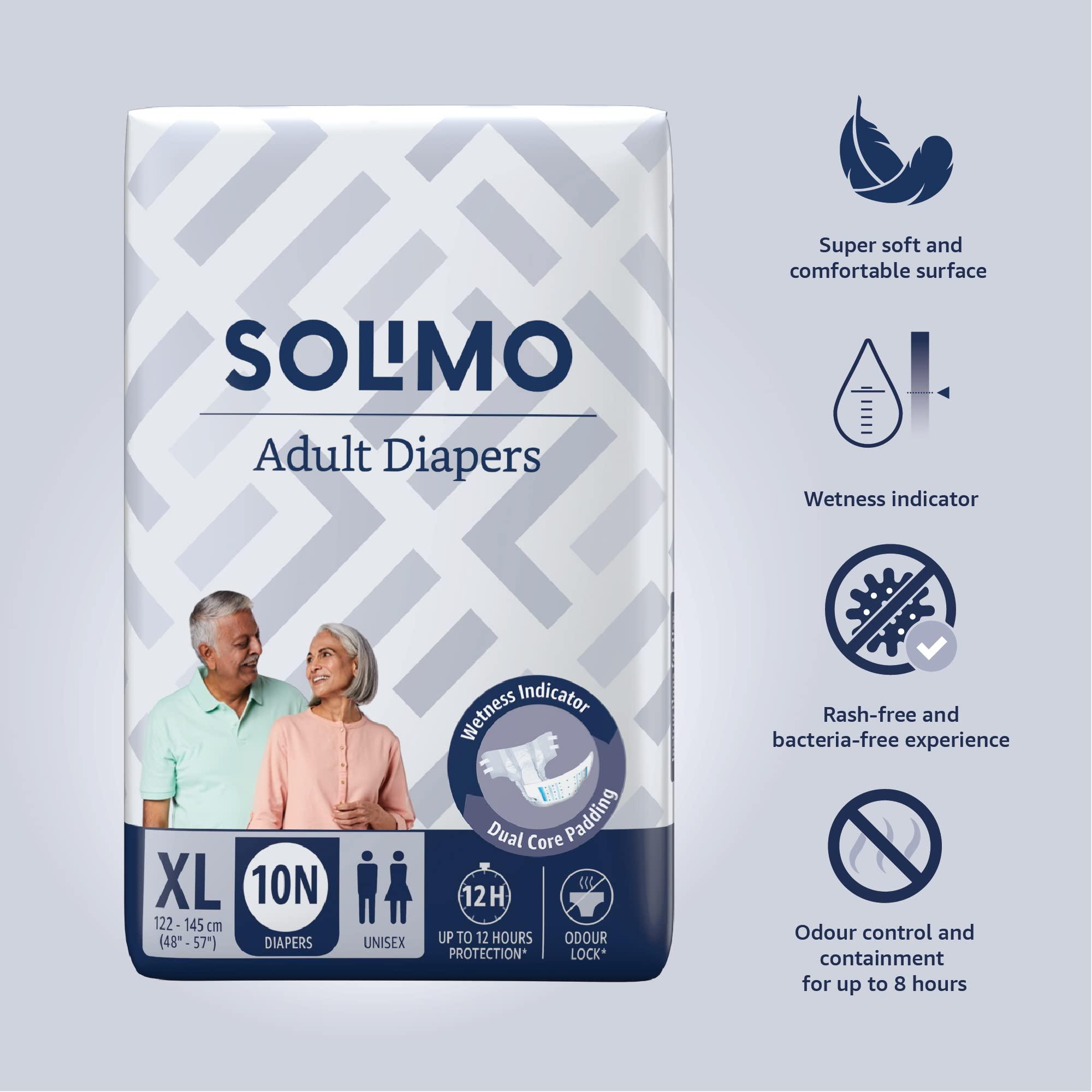 Amazon Brand - Solimo Amazon Brand - Solimo Adult Diapers, Tape Style | Pack of 30 | XL Size | Waist 48-57 in (122-145 cm) | Unisex | Quick Absorption | Leak Proof Upto 12 Hours | Wetness Indicator | For Men & Women