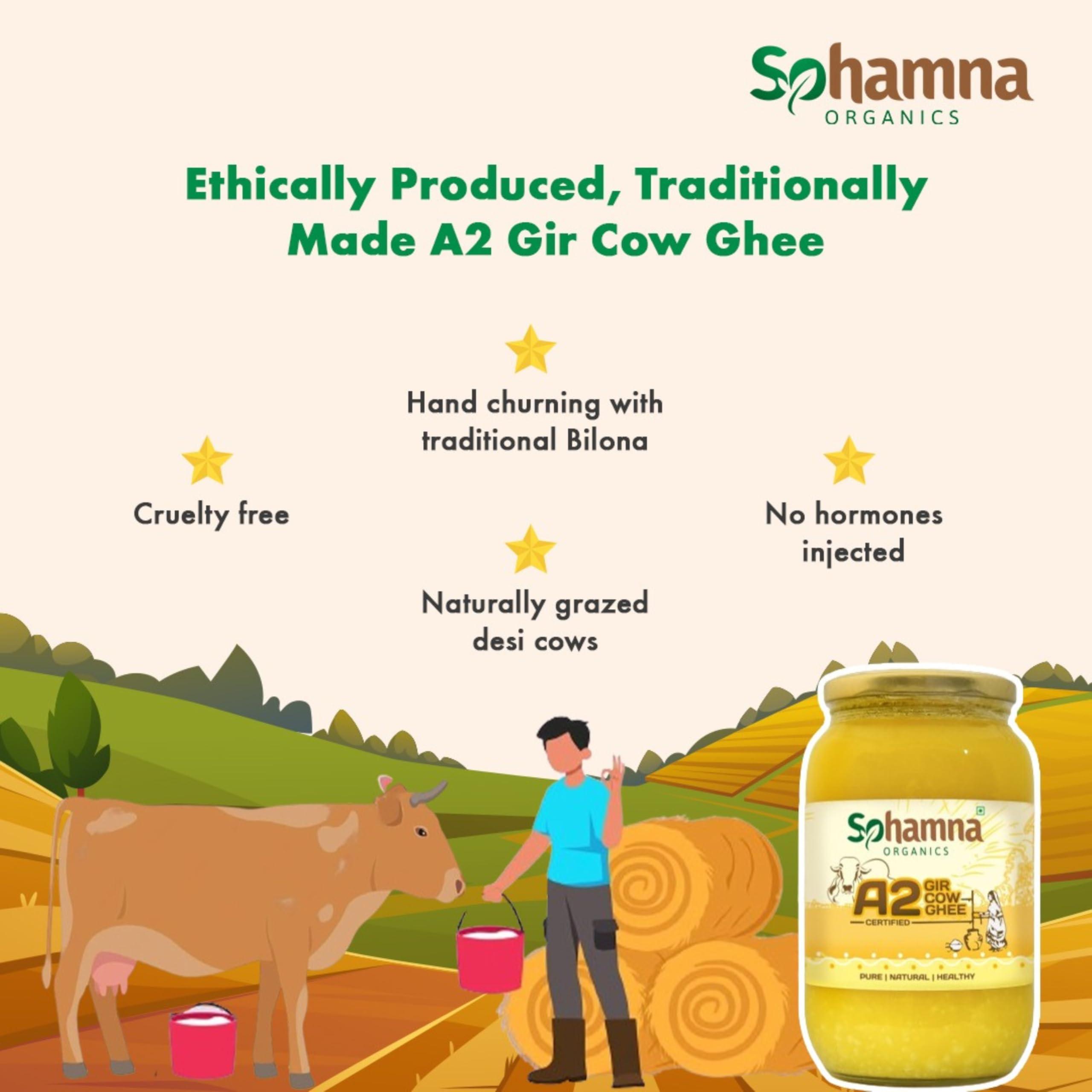 Sohamna Organics Traditional Vedic Ghee Premium A2 Gir Cow Cultured Ghee from Sohamna Organics | Vedic Bilona Two Way Hand Churned | Indian Gir Cow Ghee, Pure A2 Ghee, Natural & Healthy, Non-GMO (1 litre)