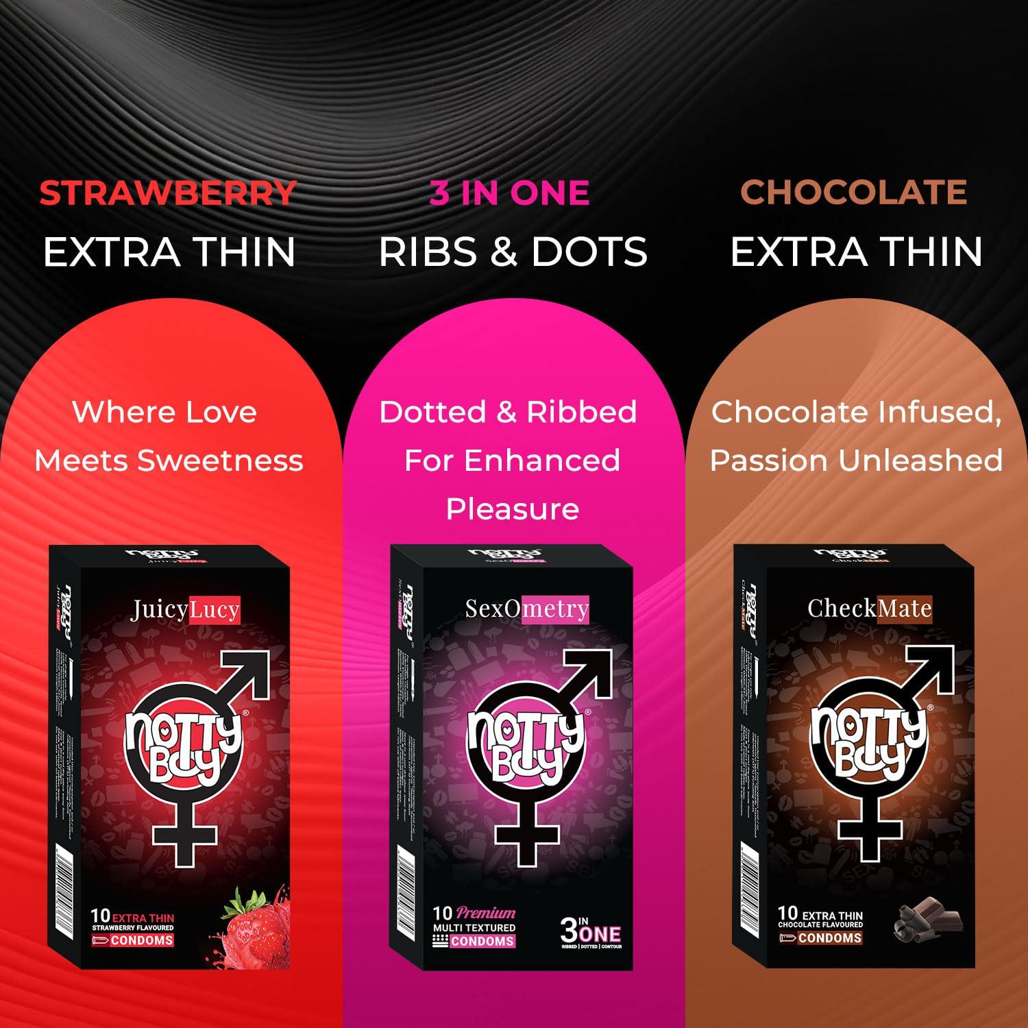 NOTTY BOY NOTTY BOY Condoms Special Honeymoon Pack For Couples - Extra Lubricated, 3-In-One Ribbed, Dotted, Contoured, Raised Dots, Thin Strawberry And Chocolate Flavoured Condom - Pack of 50