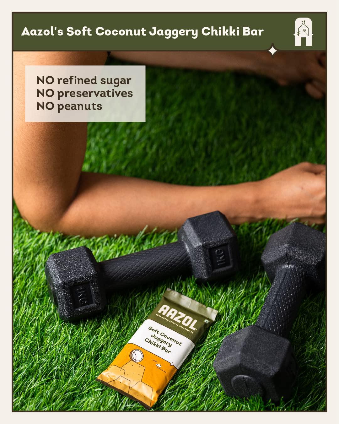 AAZOL Aazol Soft Coconut Jaggery Chikki Bar (Pack of 9) | High-energy Snacks Bar | Contains Nutritious Coconut and Mineral-rich Liquid Jaggery | Soft Crumbly Texture | No Refined Sugar or Preservatives