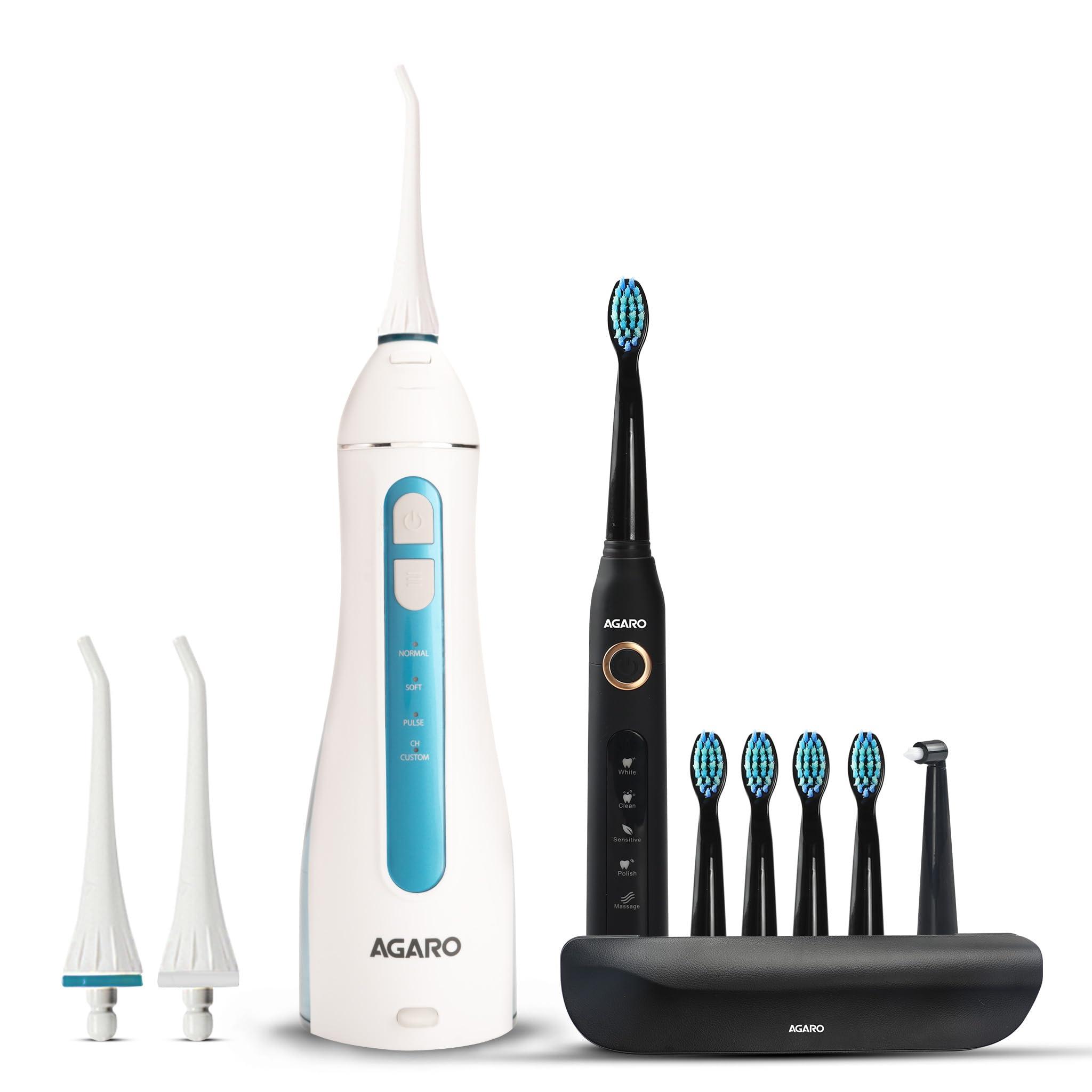 AGARO AGARO Cosmic Plus Sonic Tooth Brush Black & Ultra Portable Oral Irigator 200 ML White & Blue, Combo