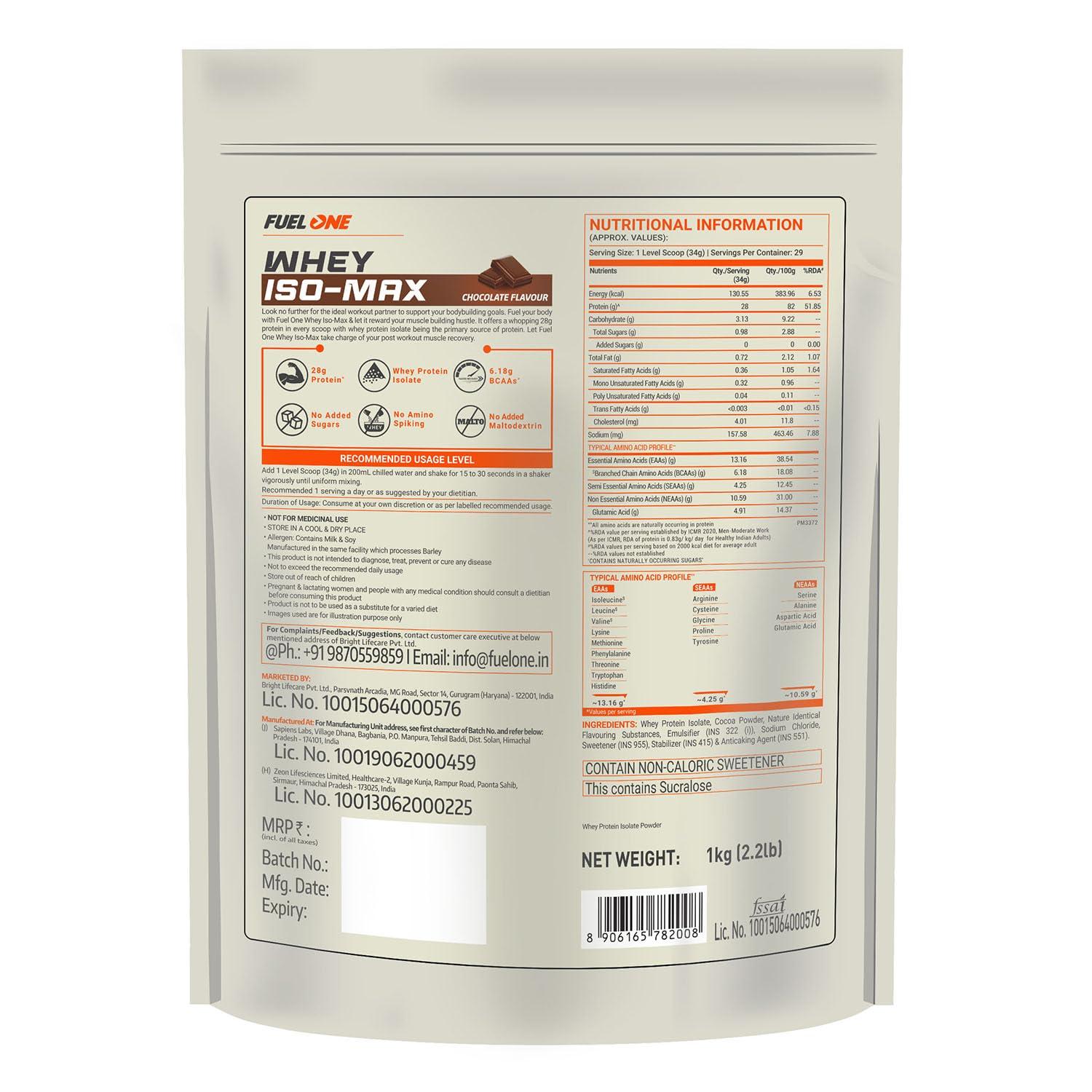 FUELONE FUELONE Whey Iso-Max (Chocolate, 1kg / 2.2lbs) | Whey Protein Isolate | 28g Protein