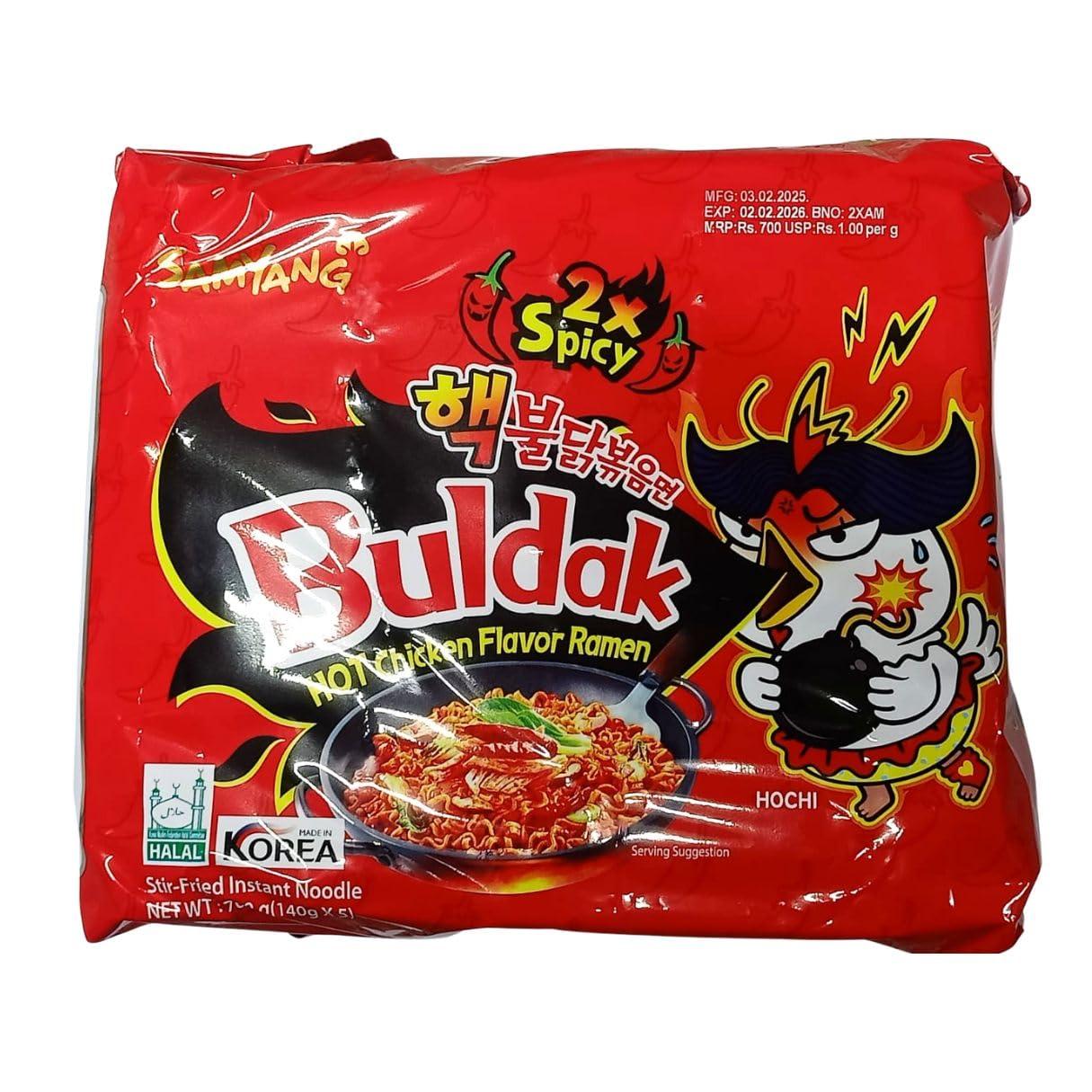 SAMYANG Samyang Hot Chicken Ramen 2X Spicy Buldak Noodles, 5 X 140g, Non Vegetarian