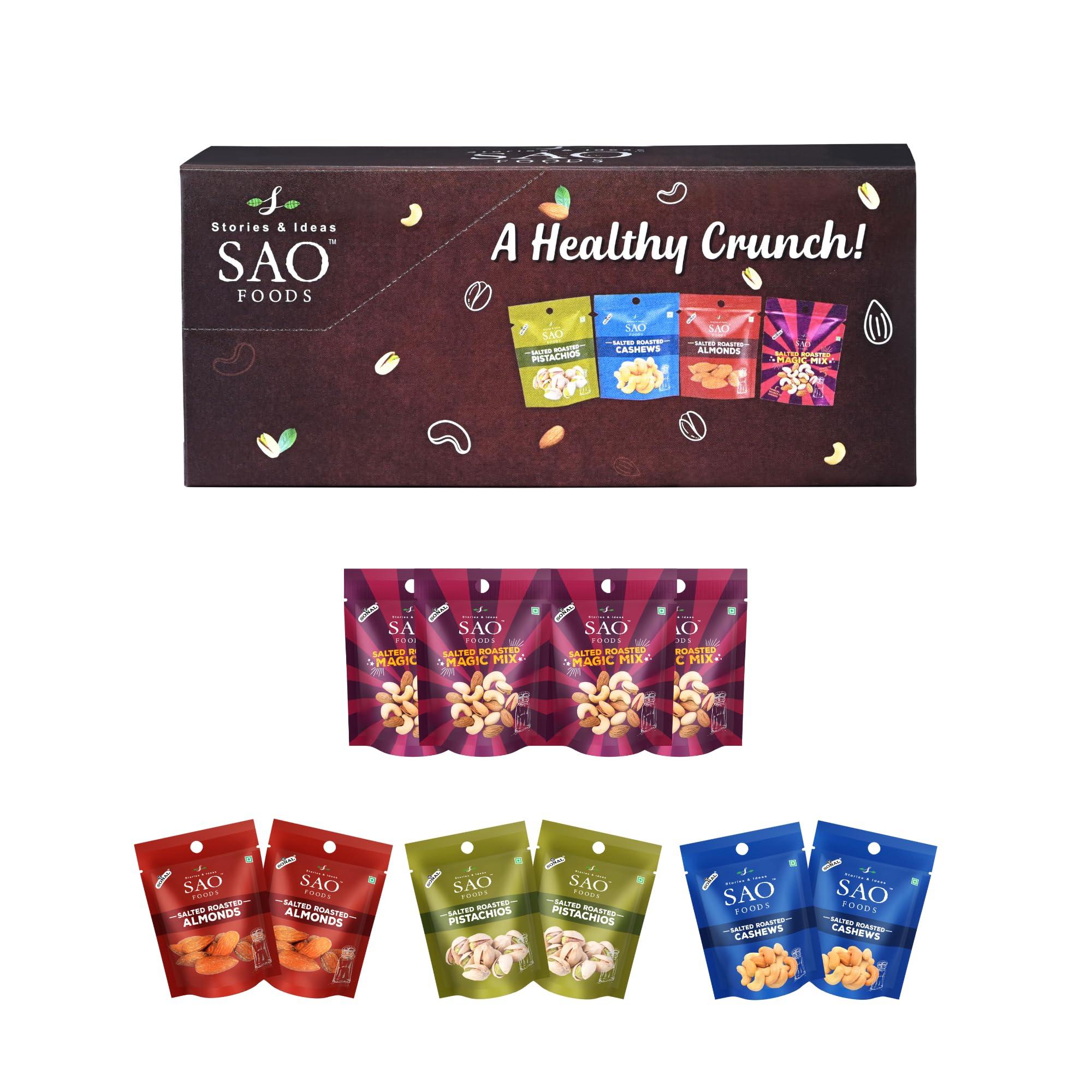 Stories & Ideas SAO Foods Stories & Ideas SAO Foods Roasted & Salted Assorted Dry Fruits Box Snacking Packs Of 12 Grm Each,Magic Mix: 8 Small Packs + Almonds: 4 Small Packs + Cashews: 4 Small Packs + Pistachios: 4 Small Packs