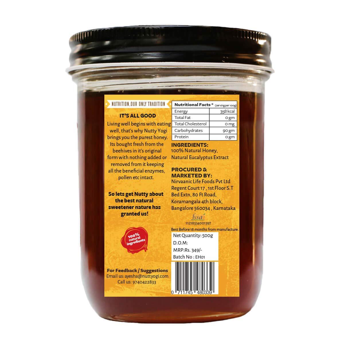 NUTTY YOGI Nutty Yogi Eucalyptus Honey 500 Gm, 100% Natural, Fresh from Forests, Healthy & Delicious, No Artificial Color/Flavour | 100% Pure Wild Forest Organic Honey