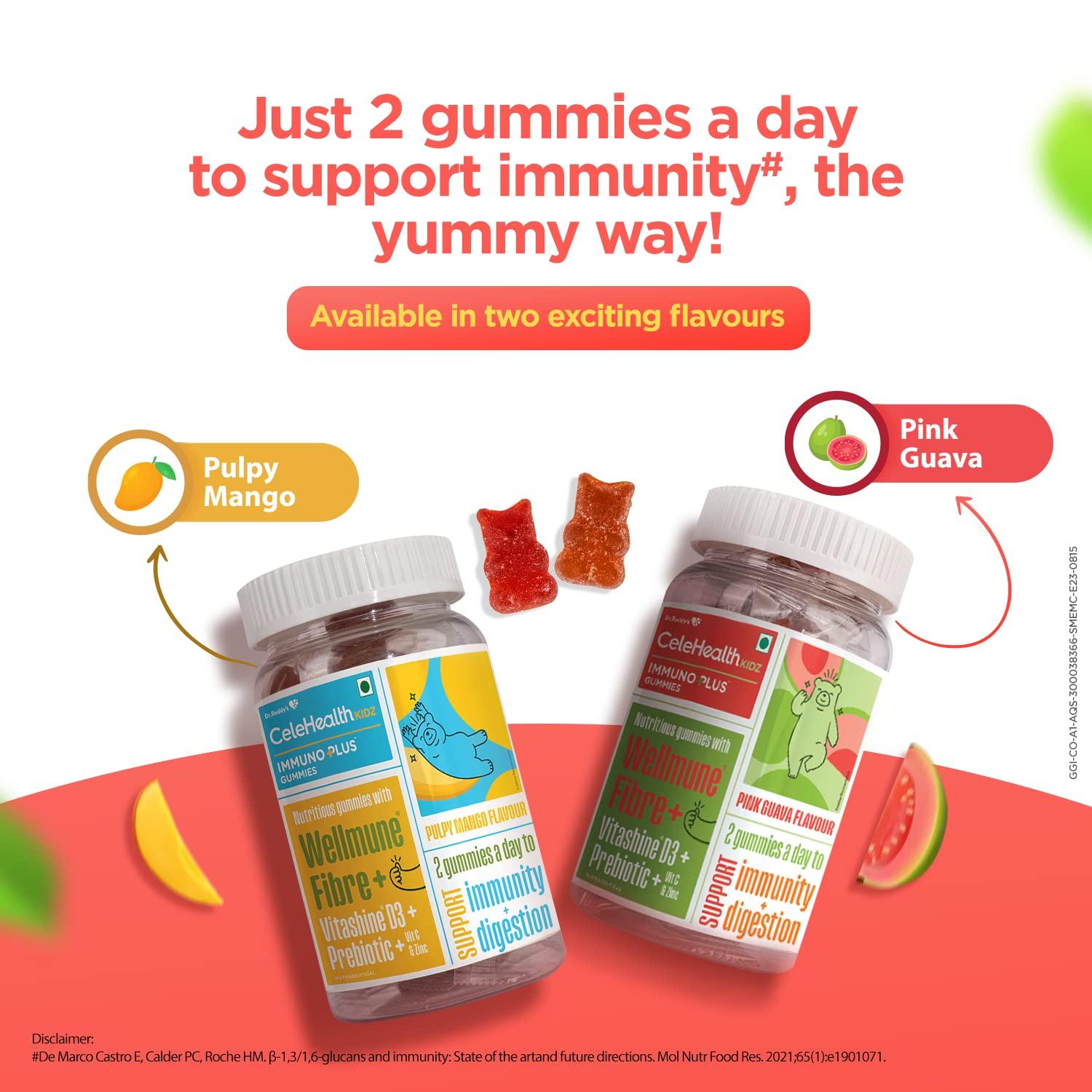 Celehealth Dr. Reddy's CeleHealth Kidz Immuno Plus - 30 Gummies | Pink Guava with Wellmune, Vitamin C & Zinc to support child's immunity (Pack of 4)