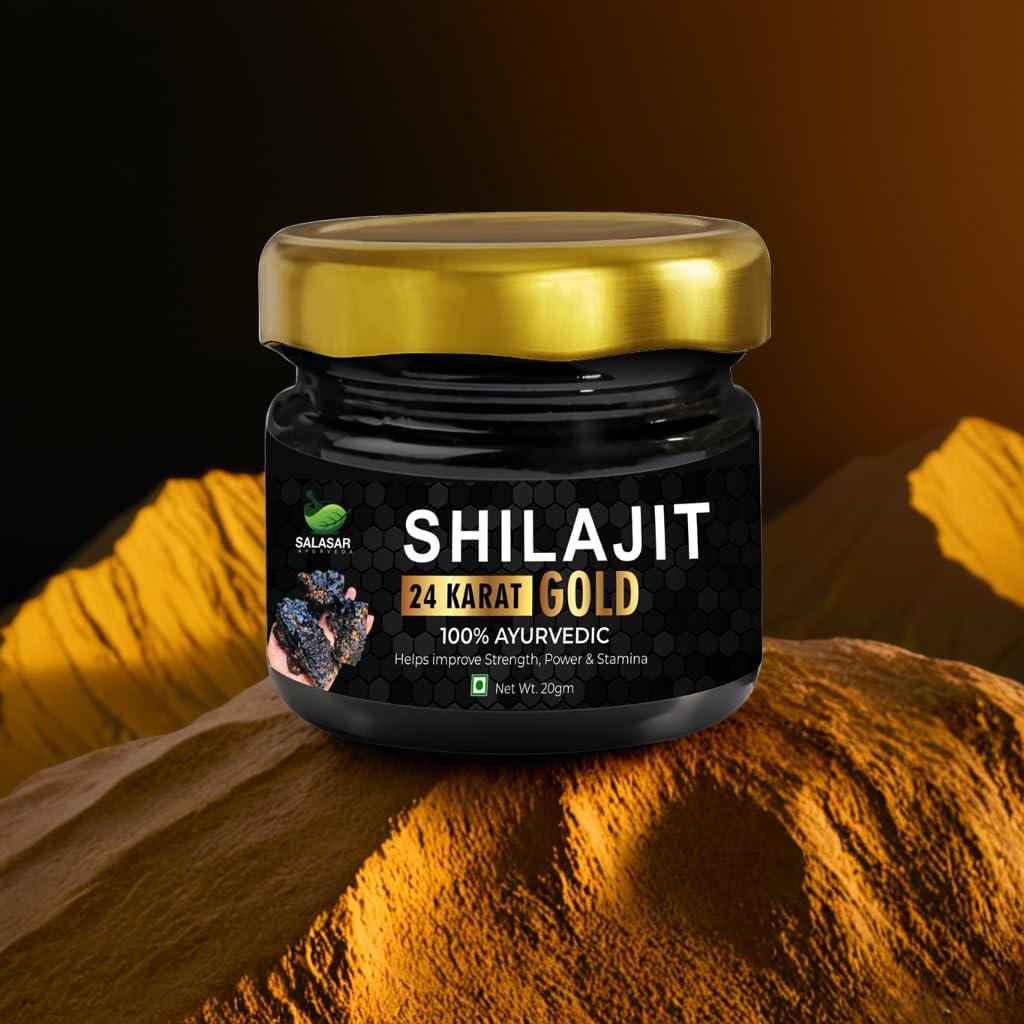 Salasar Ayurveda Salasar Ayurveda, 24Karat Gold Natural Ayurvedic Shilajit, Made w/- Swarna Bhasm|Ashwagandha|Black Musli|Gokhura, Improve Strength|Stamina, Keep Stress Free|Support Brain Function Ideal for Mens, 20gm