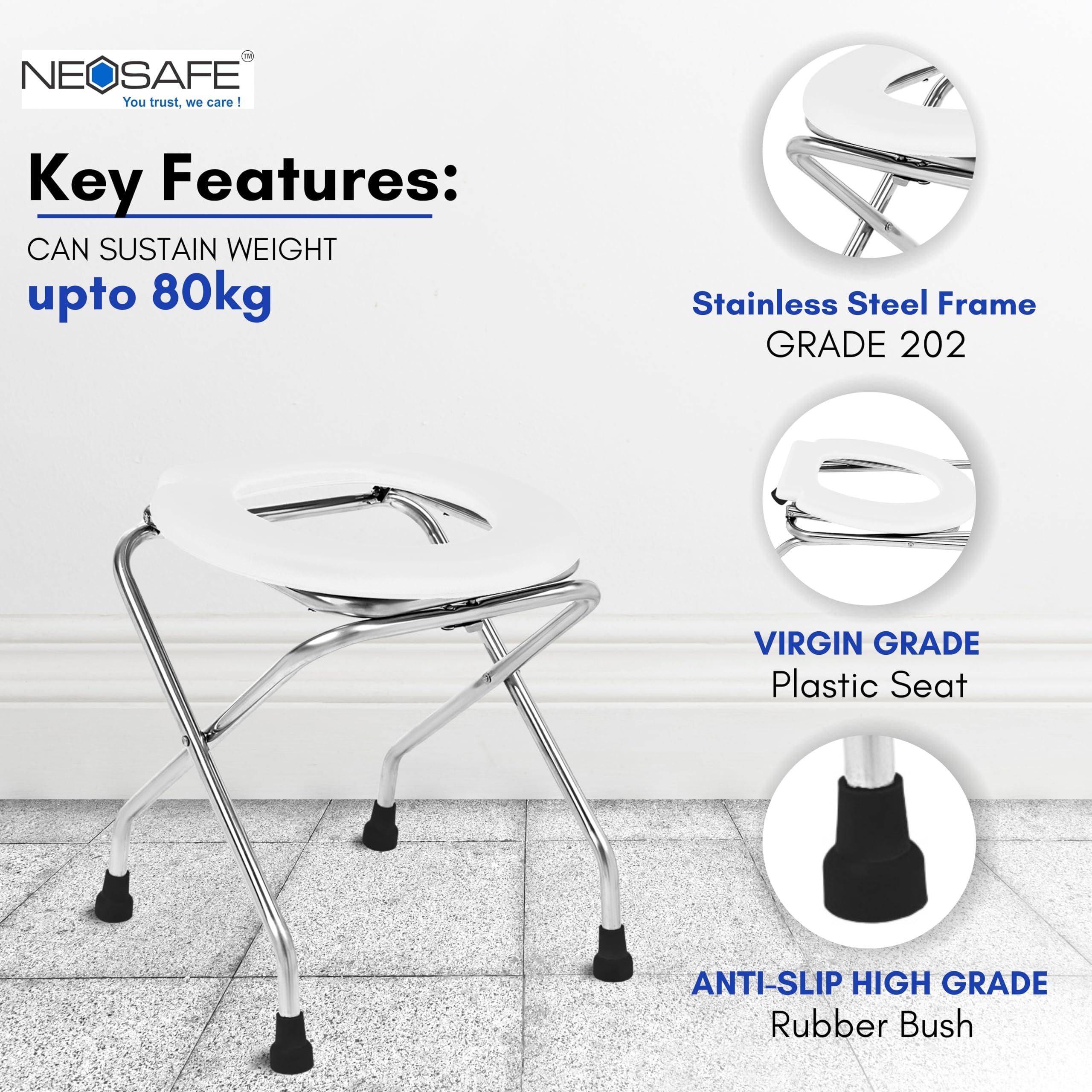 NEOSAFE NEOSAFE Stainless Steel Premium Folding Shower Bathing Room Commode Stool Indian Toilet Seat for Elderly Disabled Man and Pregant Women Support Safe Chair Anti-Slip (White)