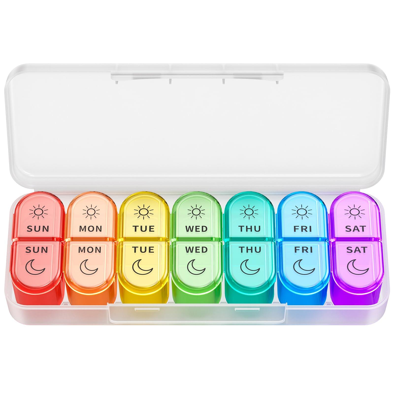 Windtrace 7 Days AM PM Pill Organizer - 2 Times a Day Large Weekly Pills Case, BPA-Free Pills Box Container Cases, Morning and Night Pill Boxes with Unique Push-Button Pop Open Design Hold Vitamin, Medicine