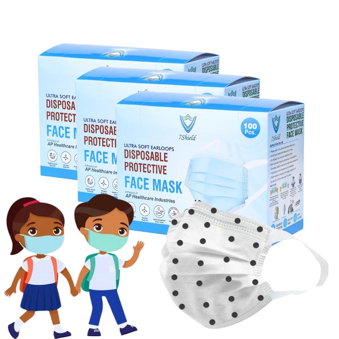 7Shield 7Shield Kids Size Black dot printed Mask with Nose clip and soft fabric ear loop Mask 3 ply disposable filter protection breathable dust proof Water Resistant Surgical Mask(300)
