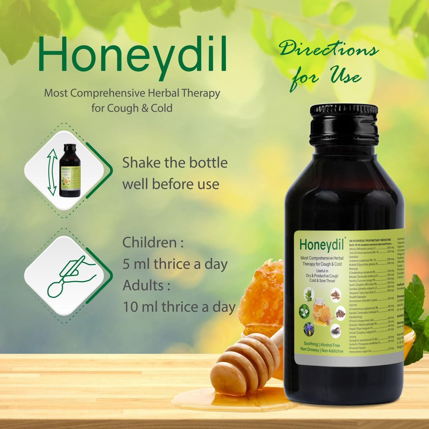 Honeydil Honeydil Cough Syrup 100 ml | With goodness of Adulsa, Tulsi, Kantakari, Haridra, Bharangi & Mulethi |Natural Ingredients| Non-Drowsy (Pack of 1 (100ml))