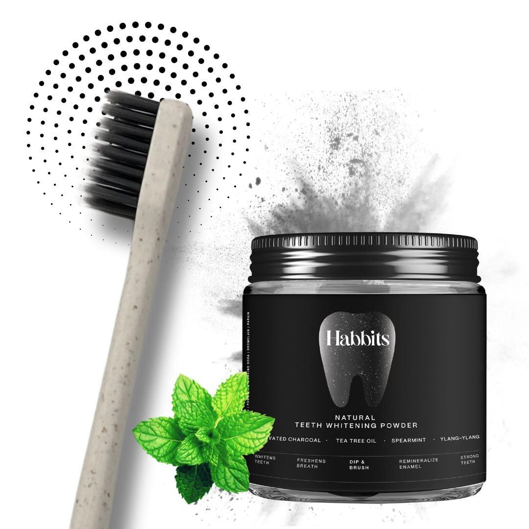 Habbits Habbits Charcoal Ylang-Ylang Mint Natural Teeth Whitening Powder + Habbits Toothbrush Biodegradable With Wheatstraw Handle Manual Toothbrush With Soft Bristle for Adults