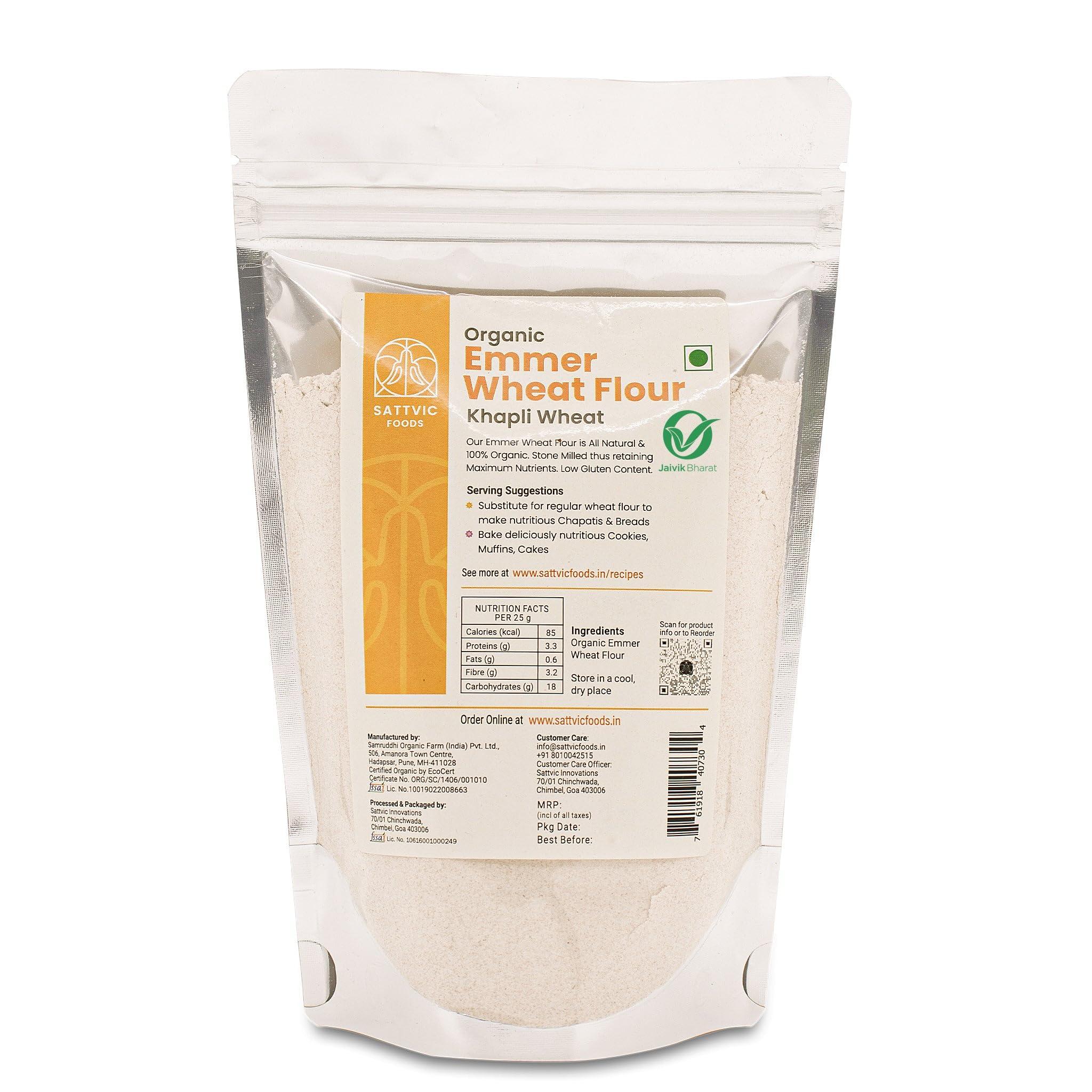 Sattvic Foods Sattvic Foods Emmer Wheat Flour (Khapli Atta)(900g) Organic Certified Ancient Grain | Low Gluten, Fibre & Protein Rich | Aids in digestion | Substitute for regular wheat flour, Make Roti, Baked goods