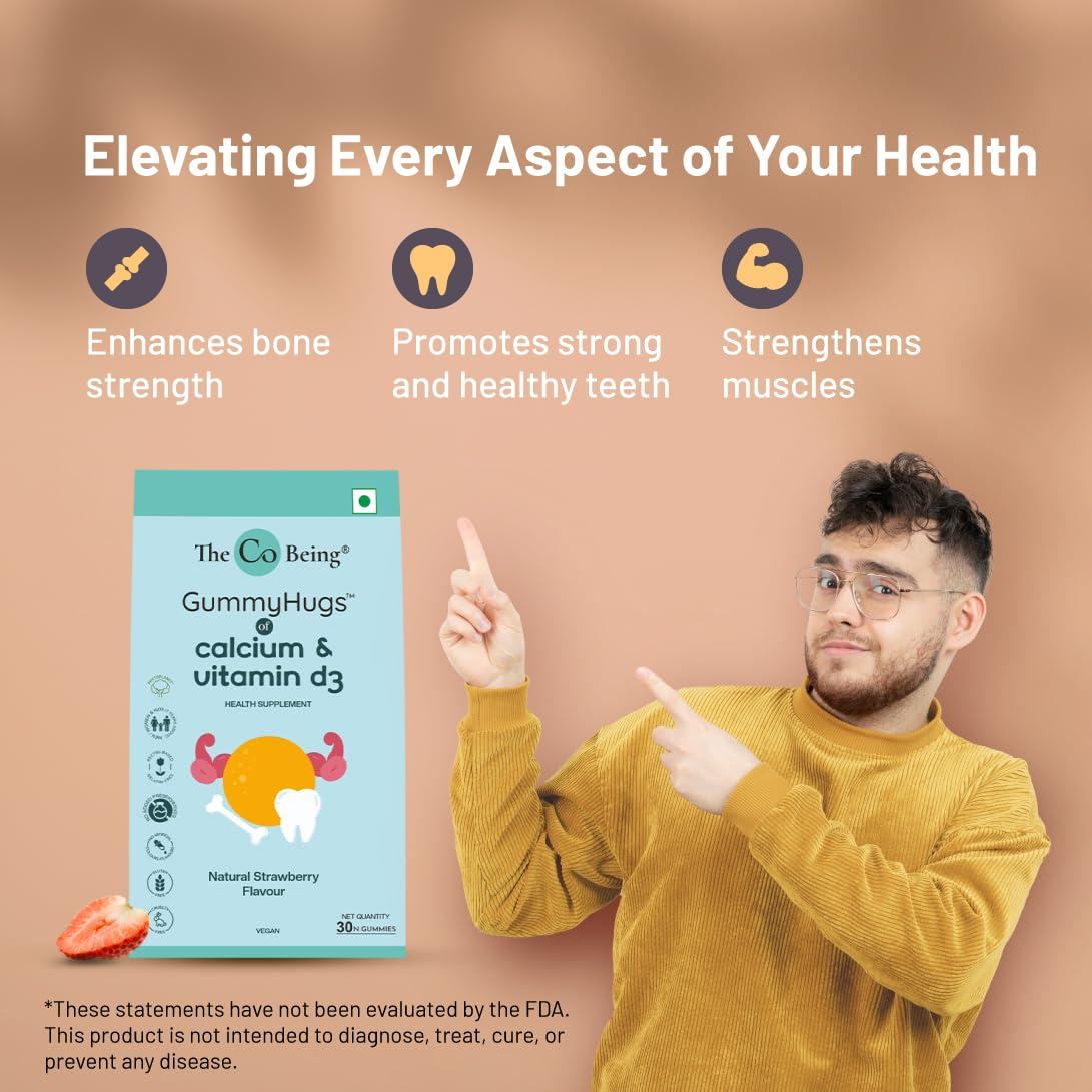 THE CO BEING The Co Beings Calcium Gummies with Vitamin D3 for Men, Women, and Kids, Vitamin D Supplement for Stronger Bones, Joints, and Teeth Health, Dairy Free, Vegan, 30 Day Supply, Natural Strawberry Flavour
