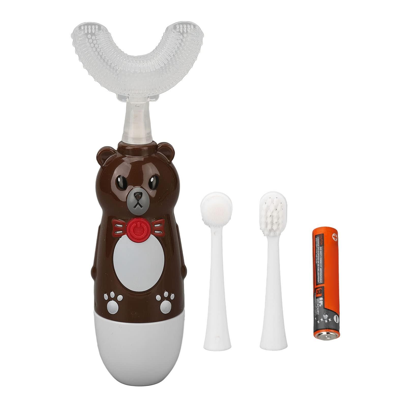 DNEI Sonic U Shaped Toothbrush, Kids Smart Toothbrush Automatic Ergonomic Cute Bear with 3 Brush Heads for Travel (Brown)