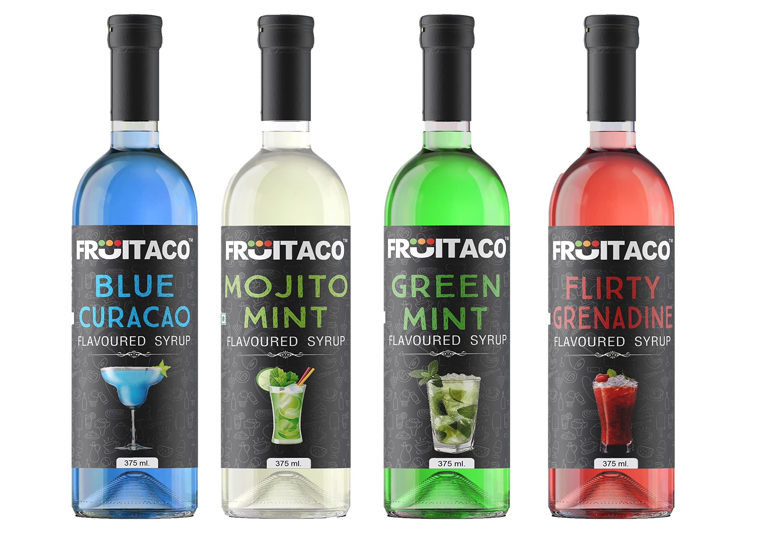 Fruitaco Fruitaco Blue Curacao Liquid Syrup Grenadine Green Mint Mojito Mint - Mocktail Syrup, Cocktail Mix, Cocktail Syrup Mojito Syrup Perfect For Mocktails&Cocktails,Mint Syrup Flavor Pack Of 4 (375 Ml)