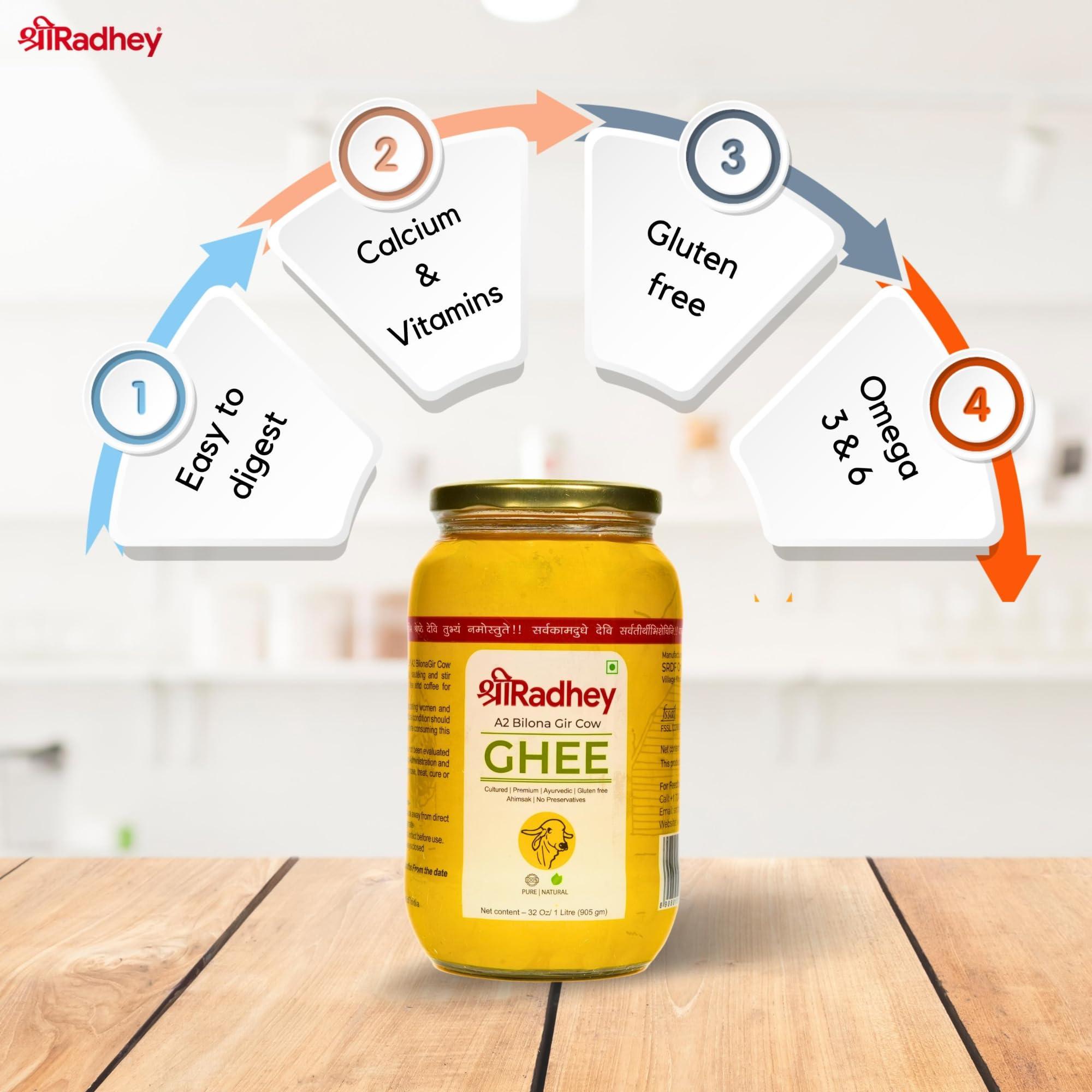 SHREERADHEY SHREERADHEY Gir Cow Ghee I A2 Bilona Traditional Bilona Method I 1 L Glass Bottle, 1.53 Kg