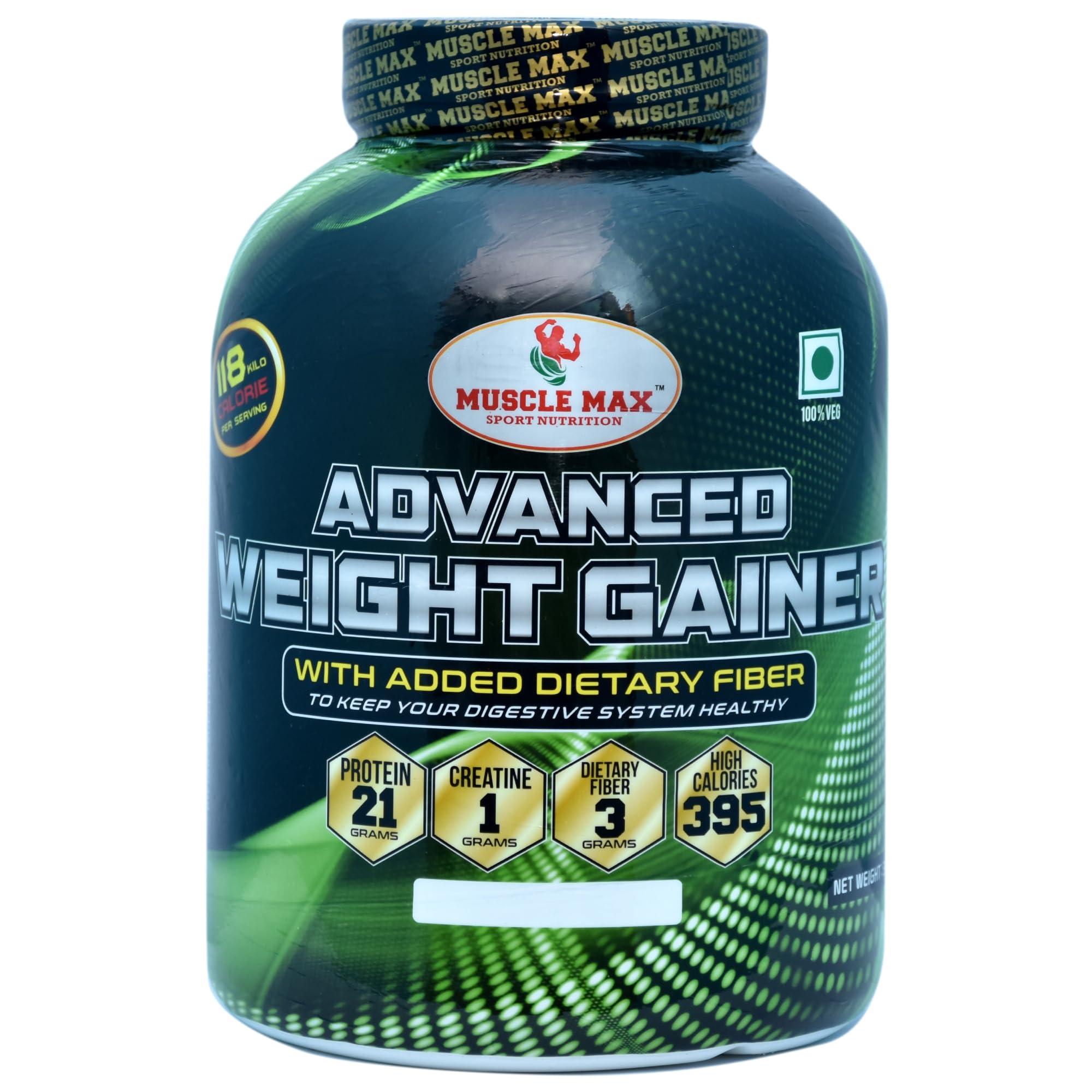 MUSCLE MAX SPORT NUTRITION Muscle Max Advanced Weight Gainer Supplement Powder 3kg weight 6.6lbs 100 Serving per Container with Free Shaker S-shirt (Vanilla)