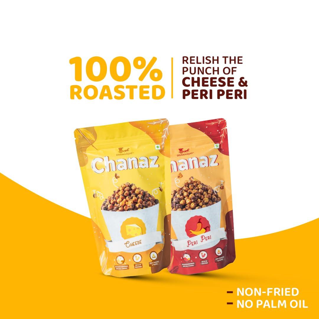 DHANANJAY DHANANJAY Roasted Flavoured Mahabaleshwar Chana (Chickpeas) | Gluten Free | Rich In Protein | 100% Roasted And Puffed | Pack Of 2 (Cheese 180 G & Peri Peri 180 G)