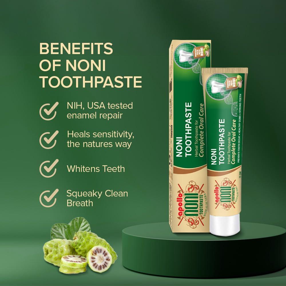 apollo NONI Apollo Noni Noni Toothpaste for Teeth Whitening & Cavity Protection (150g) and Mouthwash Liquid 0% Alochol For Teeth Cleaning, Antibacterial Mouthwash for Bad Breath | Removes Germ | 250ml