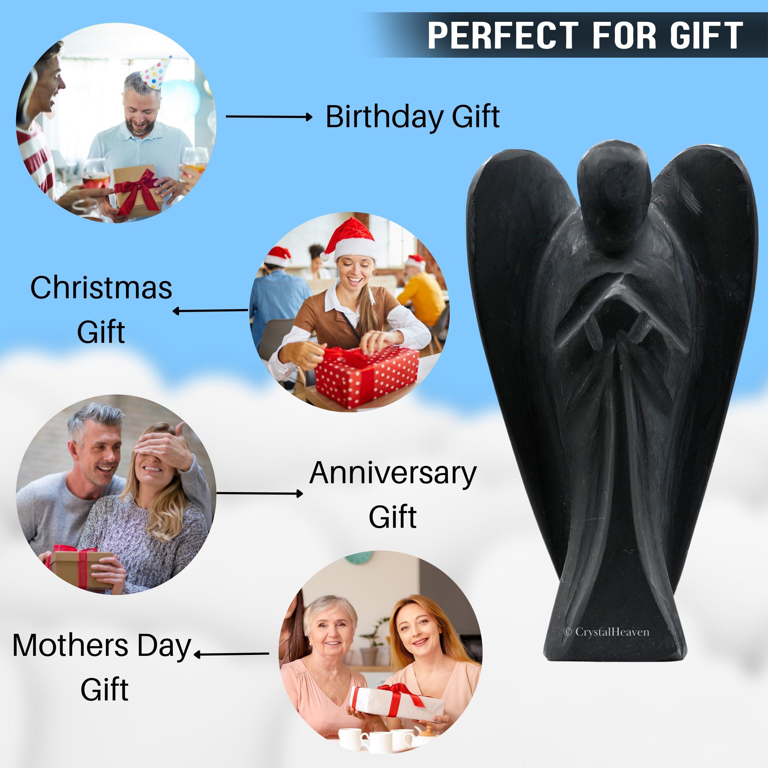 Crystal Heaven Certified Shungite Crystal Angel Pocket Figurines Idol - AAA Grade Original Healing Gemstone for Yoga Reiki Meditation Feng Shui (4 Inches)