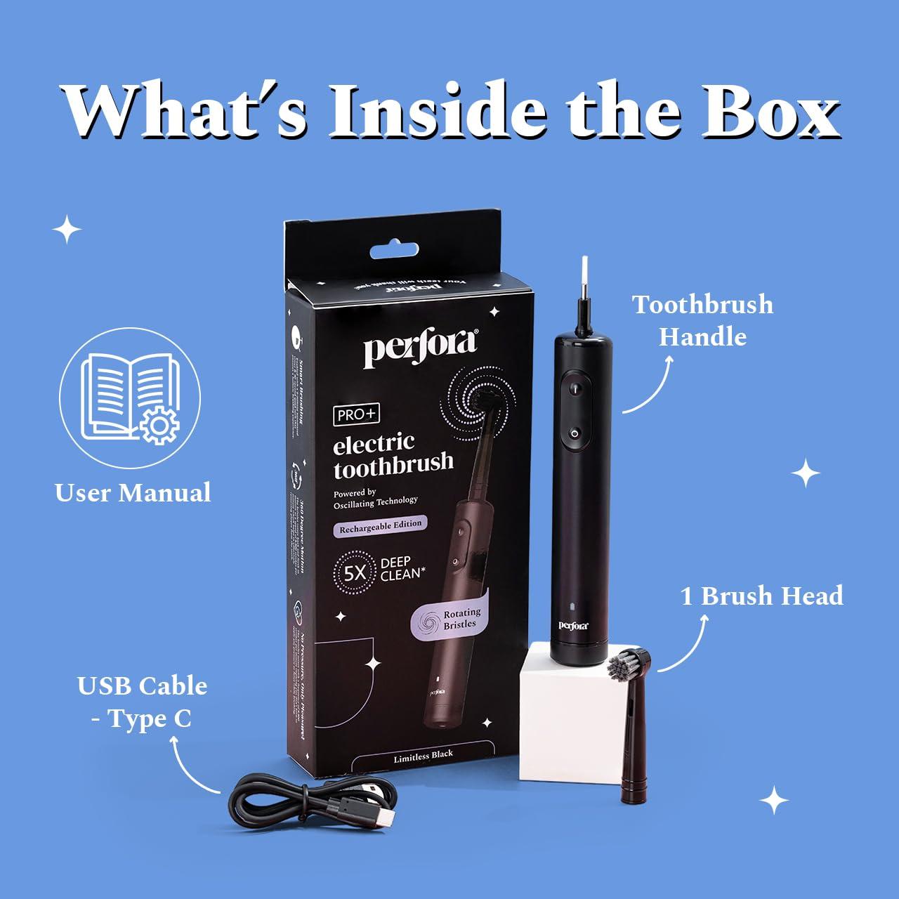 Perfora Perfora PRO Oscillating Electric Toothbrush | 2 Years Warranty | Electric Toothbrush Rechargeable, Electric Brush, Electric Toothbrush For Men & Women, 8800 RPM, 1 Mode, 2 min Auto Timer (Limitless Black)