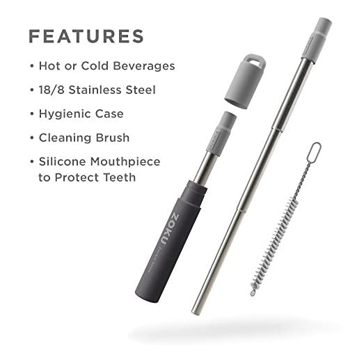 Zoku ZOKU Reusable Metal Straw with Case for Travel, Grey - Collapsible Stainless Steel Drinking Straw with Silicone Tip and Cleaner Brush, Ideal for Key Chains, Pockets, Purses